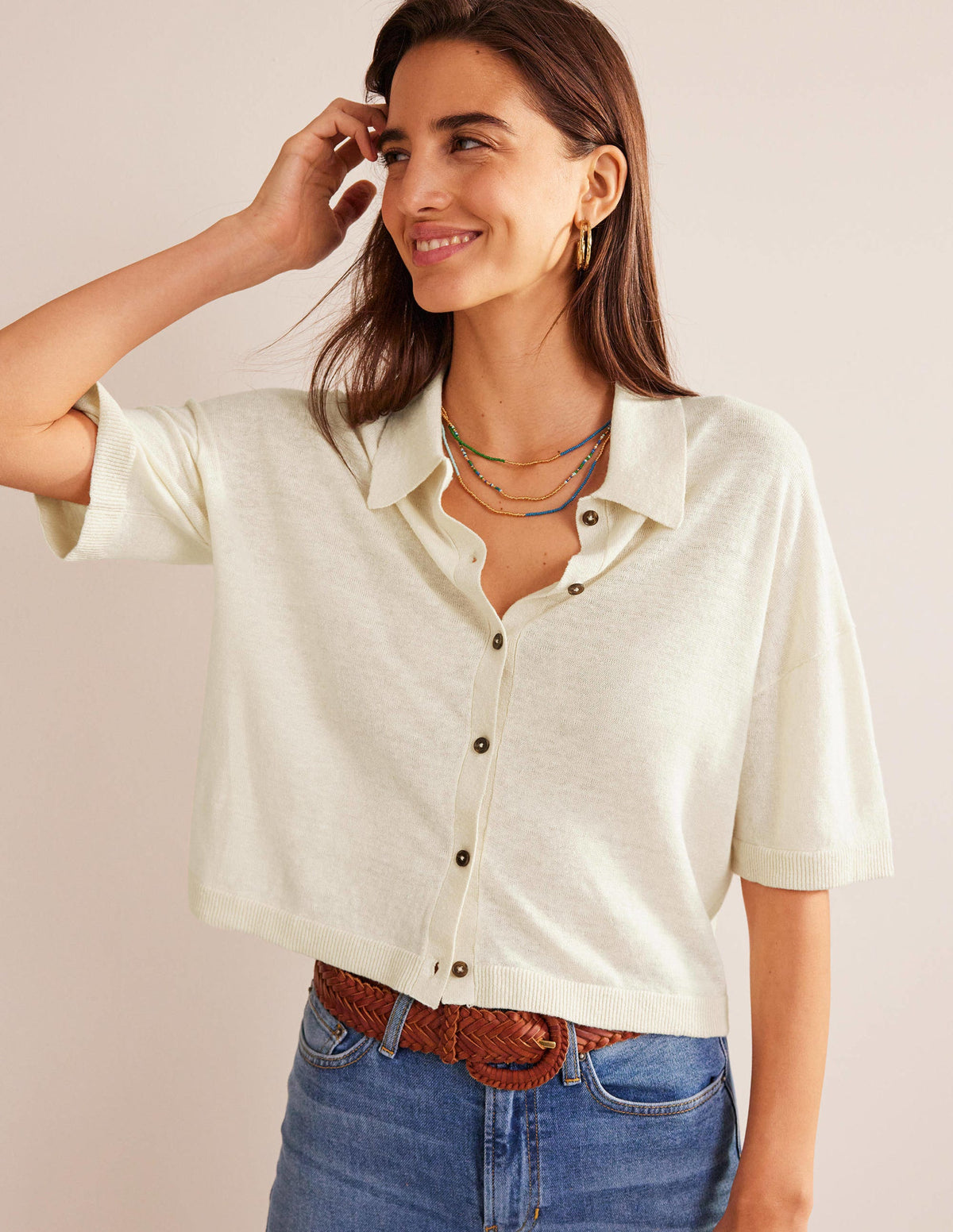 Collared Linen Knitted Shirt-Warm Ivory - Image 4