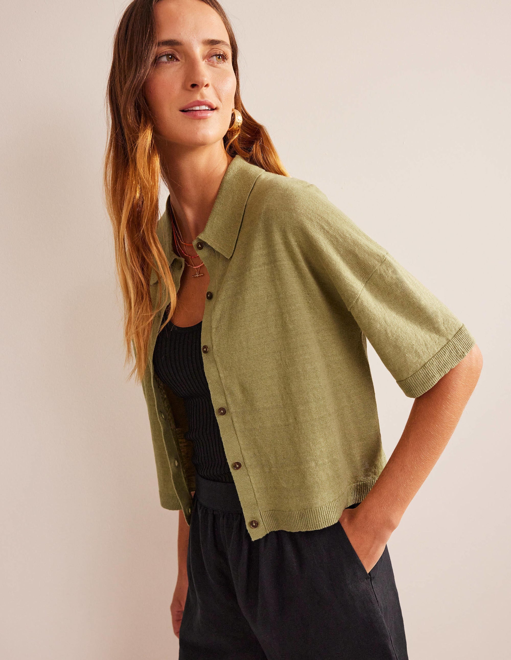 Collared Linen Knitted Shirt-River Reed - Image 1
