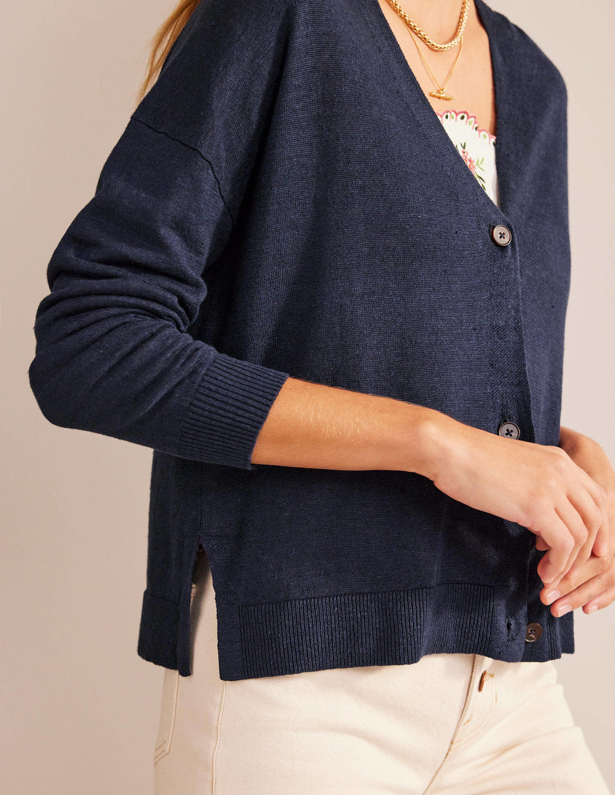 Drop-Shoulder Linen Cardigan-Navy - Image 2