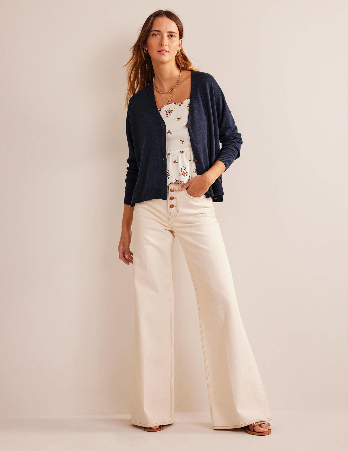 Drop-Shoulder Linen Cardigan-Navy - Image 4