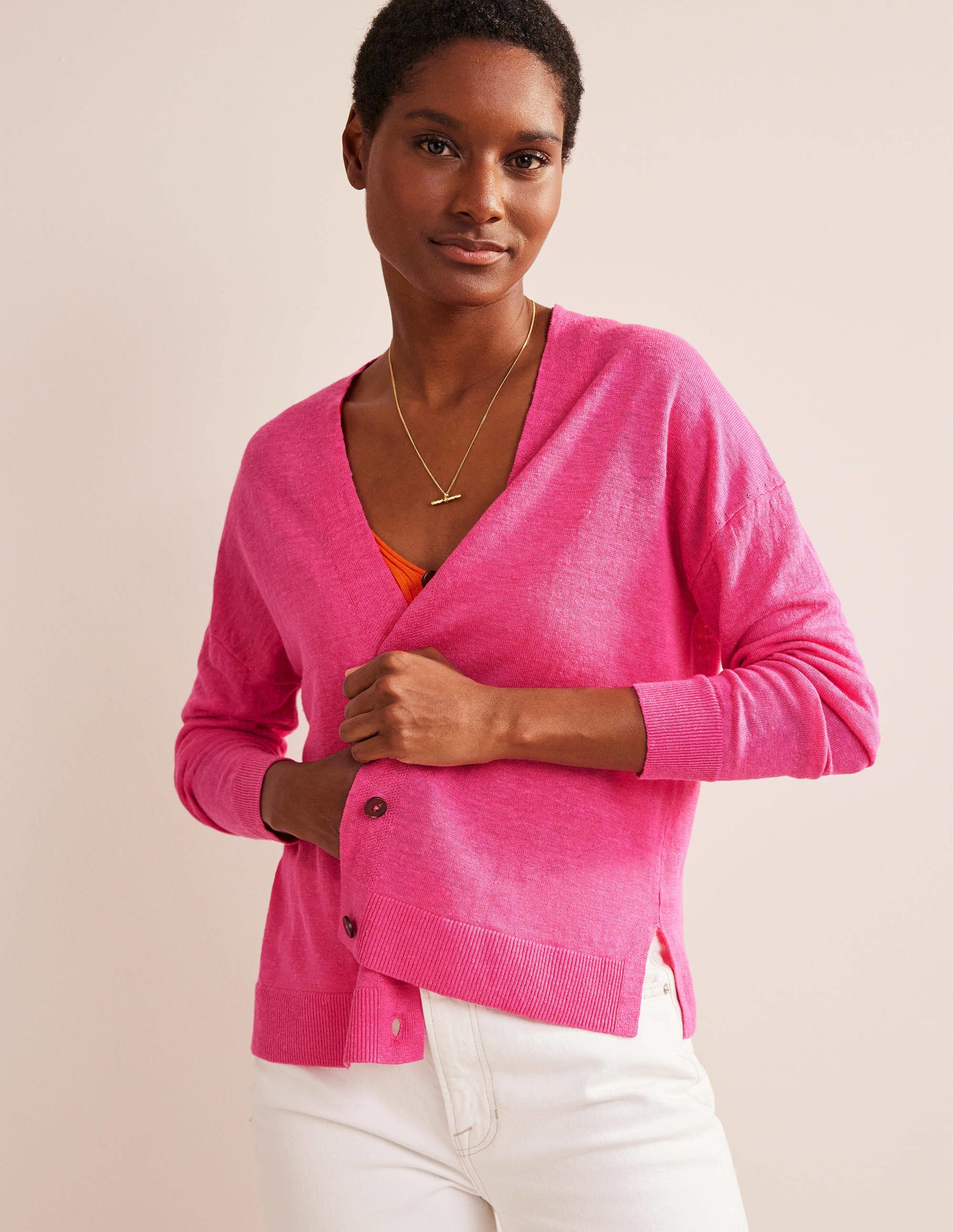 Drop-Shoulder Linen Cardigan-Festival Pink - Image 1