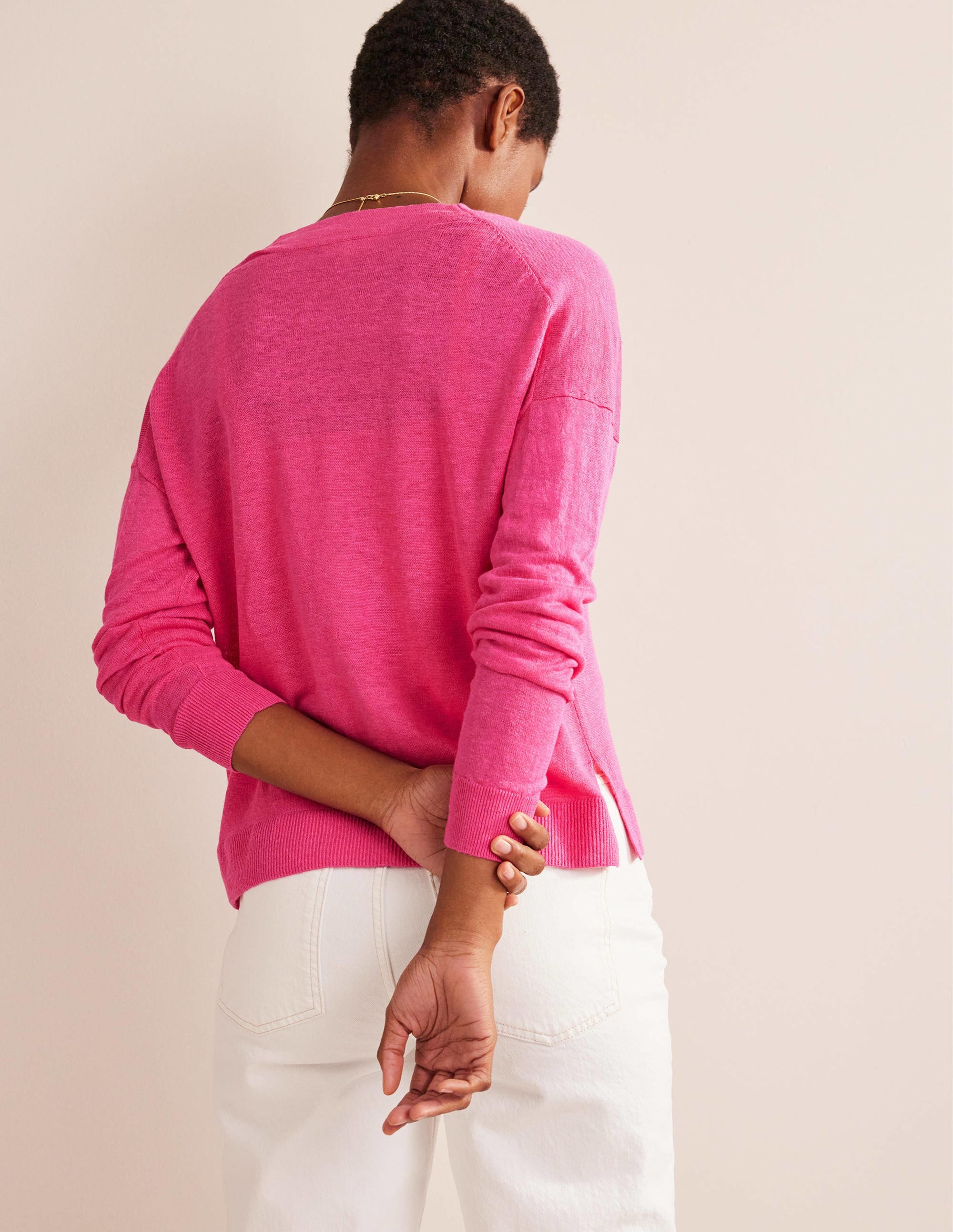 Drop-Shoulder Linen Cardigan-Festival Pink - Image 3