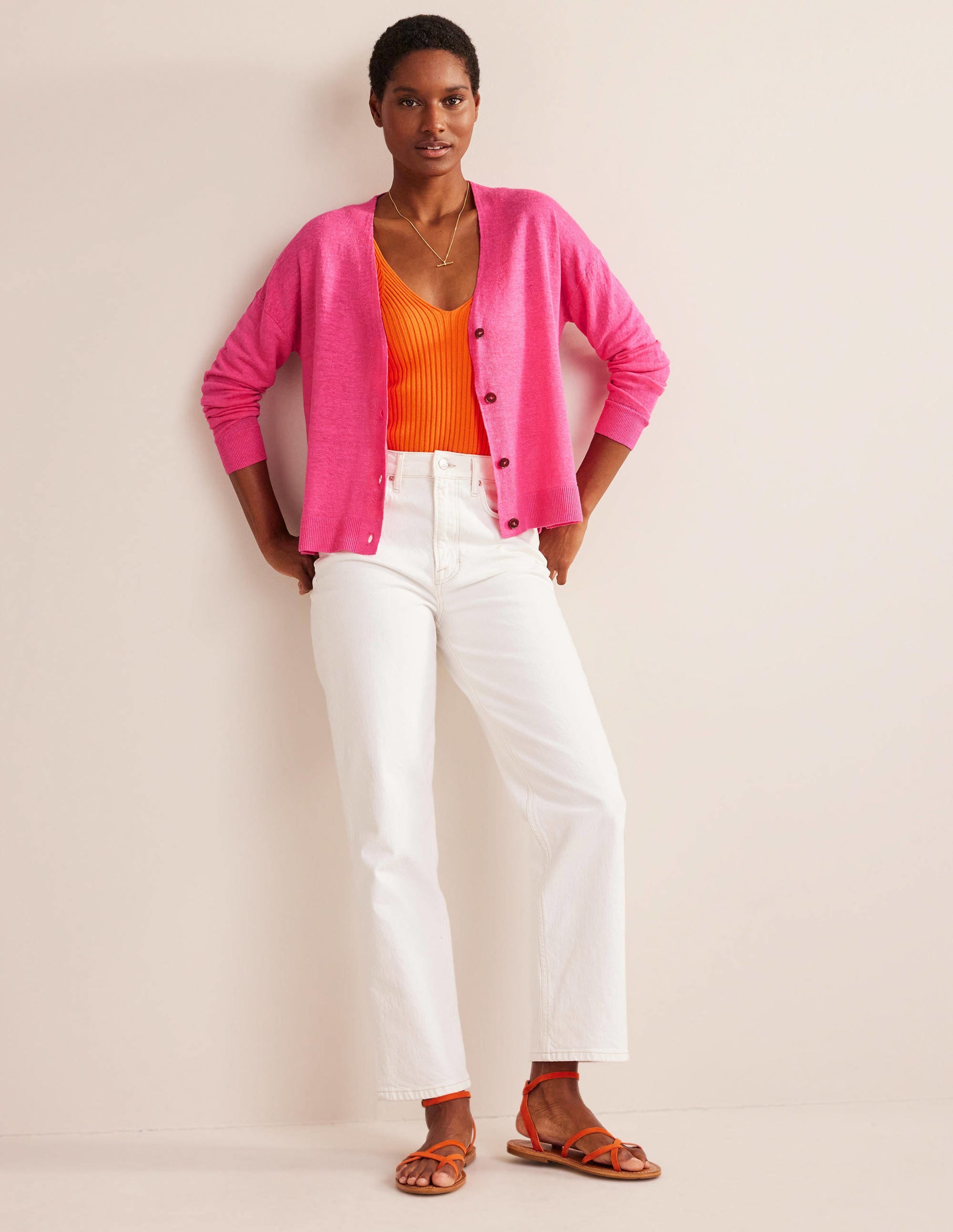 Drop-Shoulder Linen Cardigan-Festival Pink - Image 4
