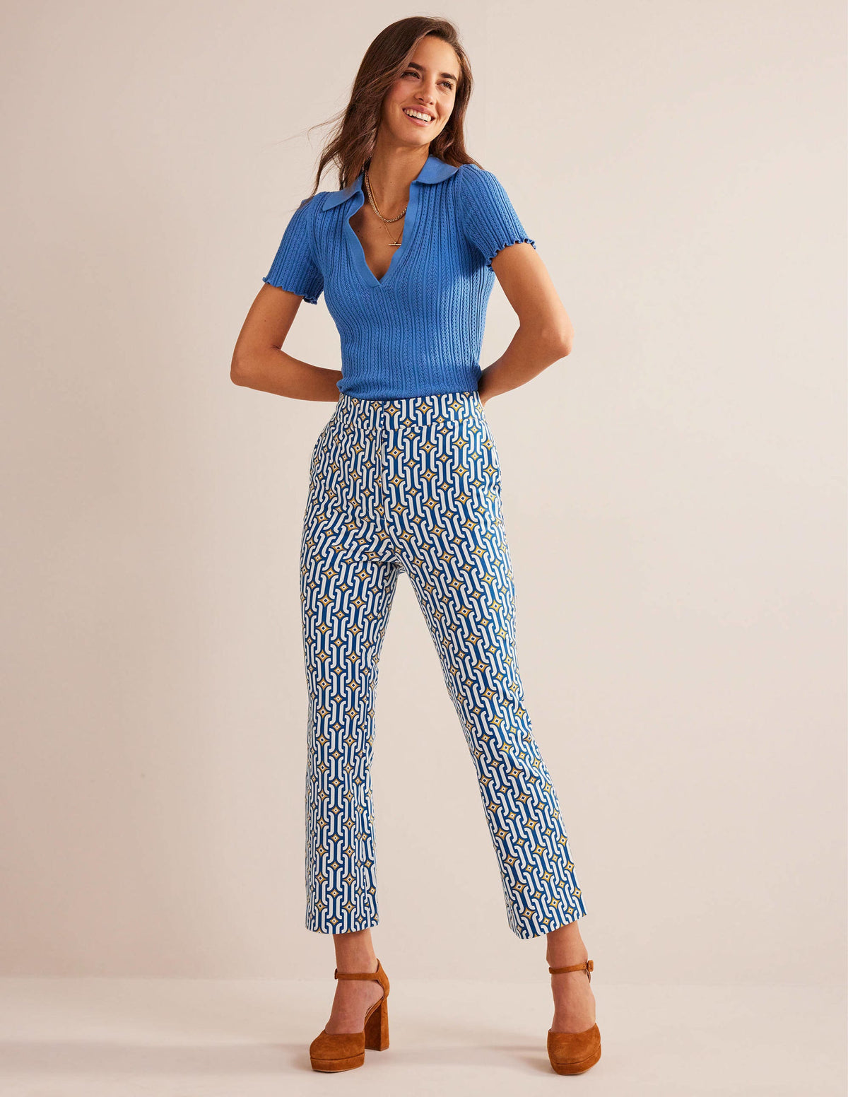 Cropped Flared Trousers-Sapphire, Azure Geo - Image 1
