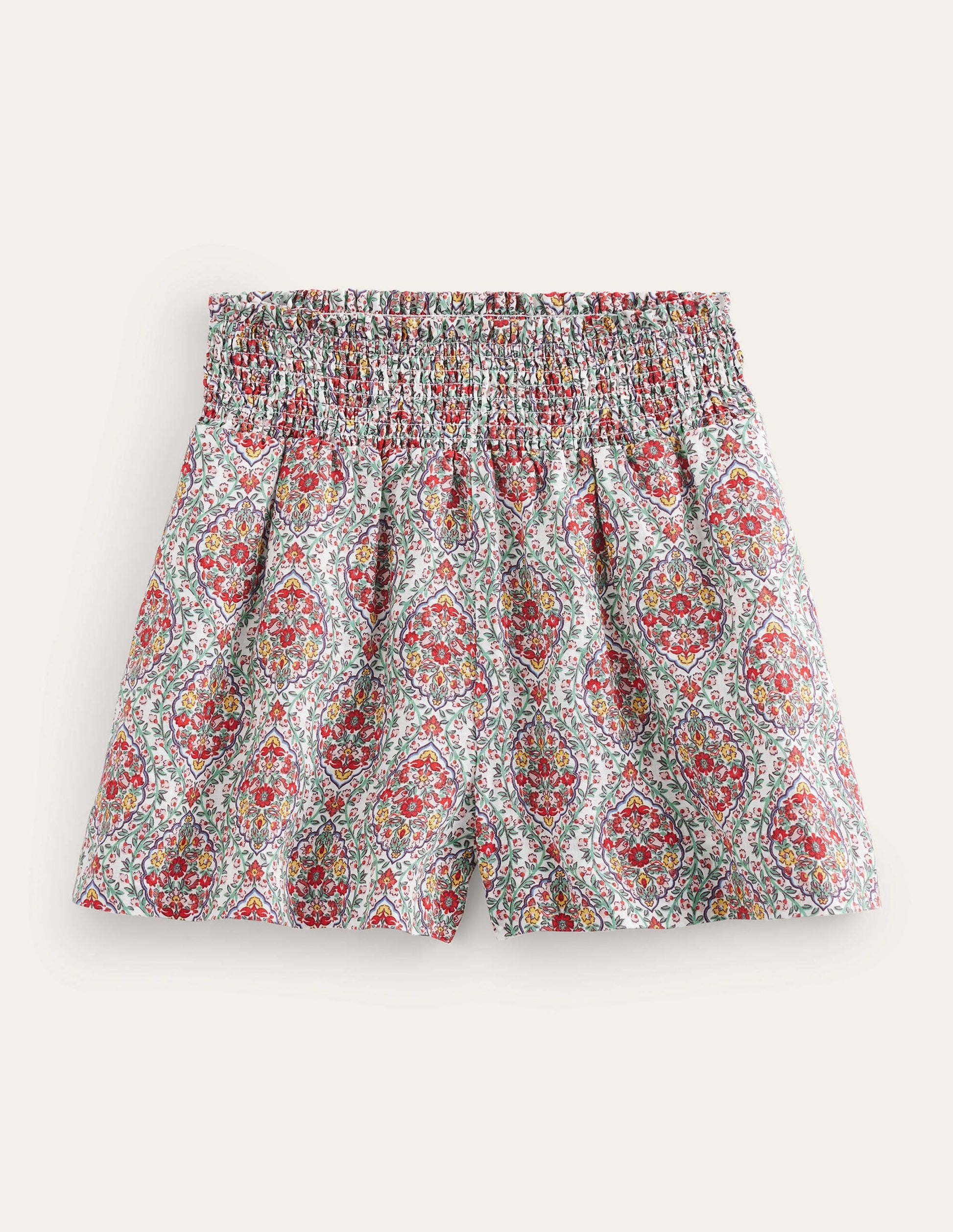 Linen Shirred Waist Shorts-Multi, Vine Terrace-5