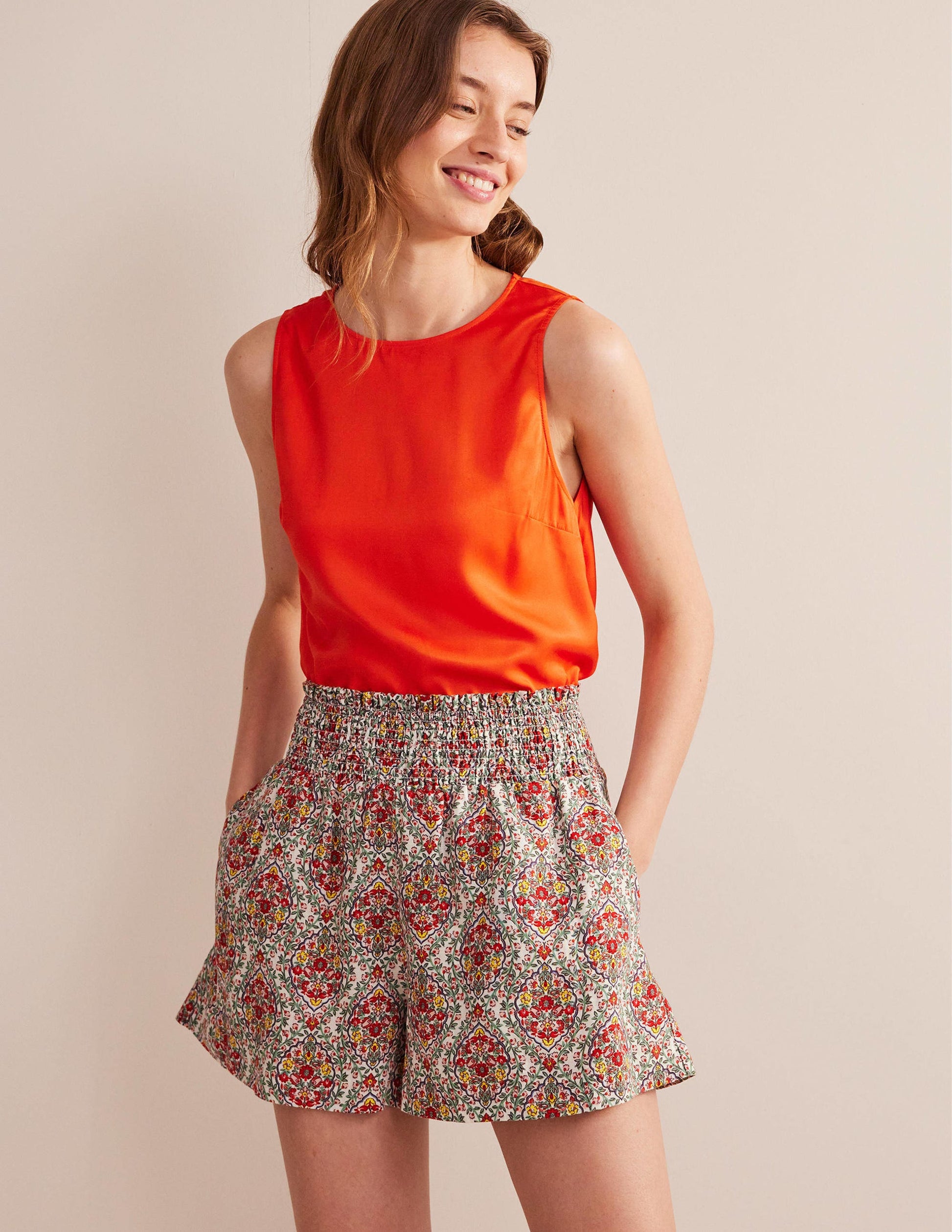 Linen Shirred Waist Shorts-Multi, Vine Terrace-1