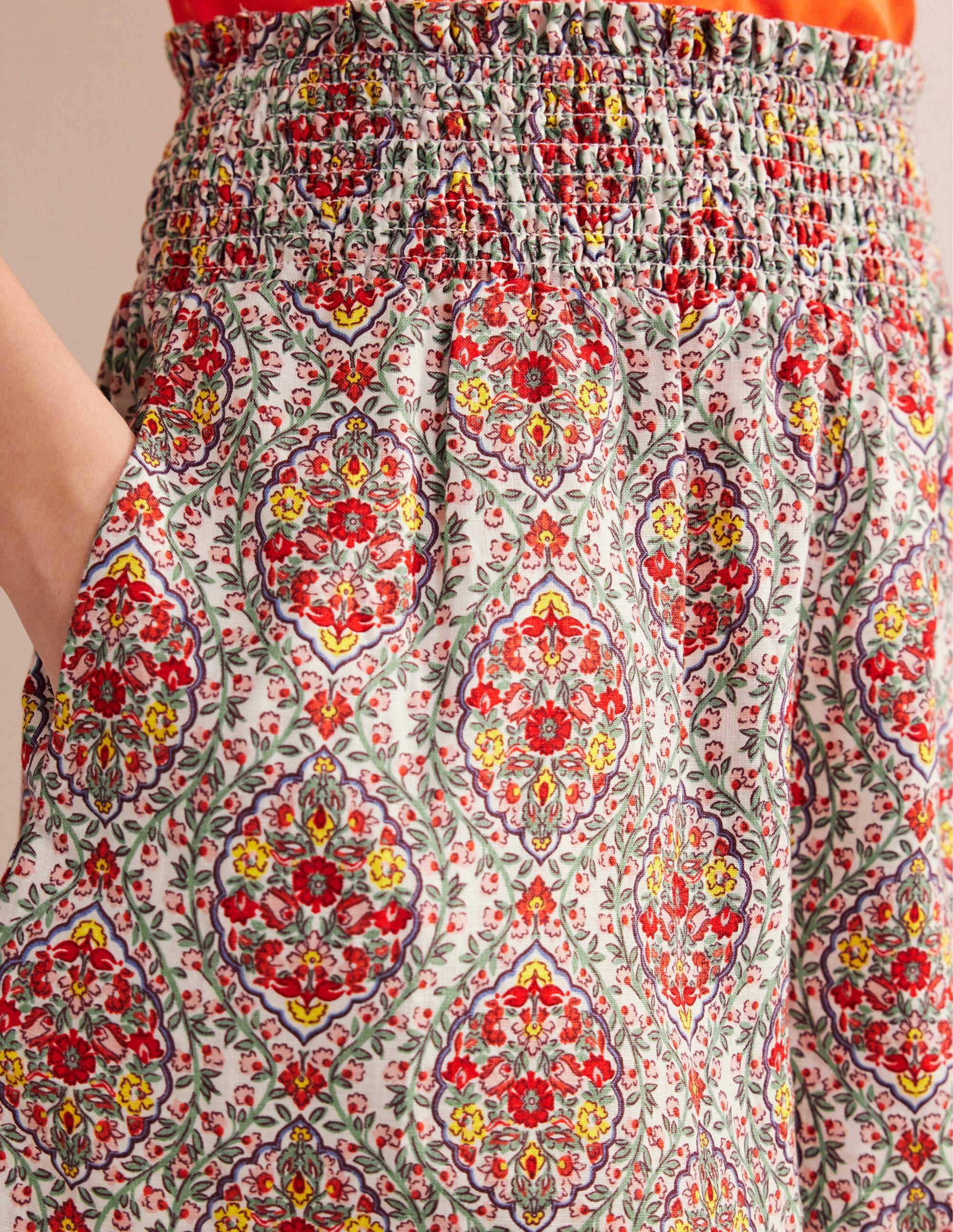Linen Shirred Waist Shorts-Multi, Vine Terrace - Image 2