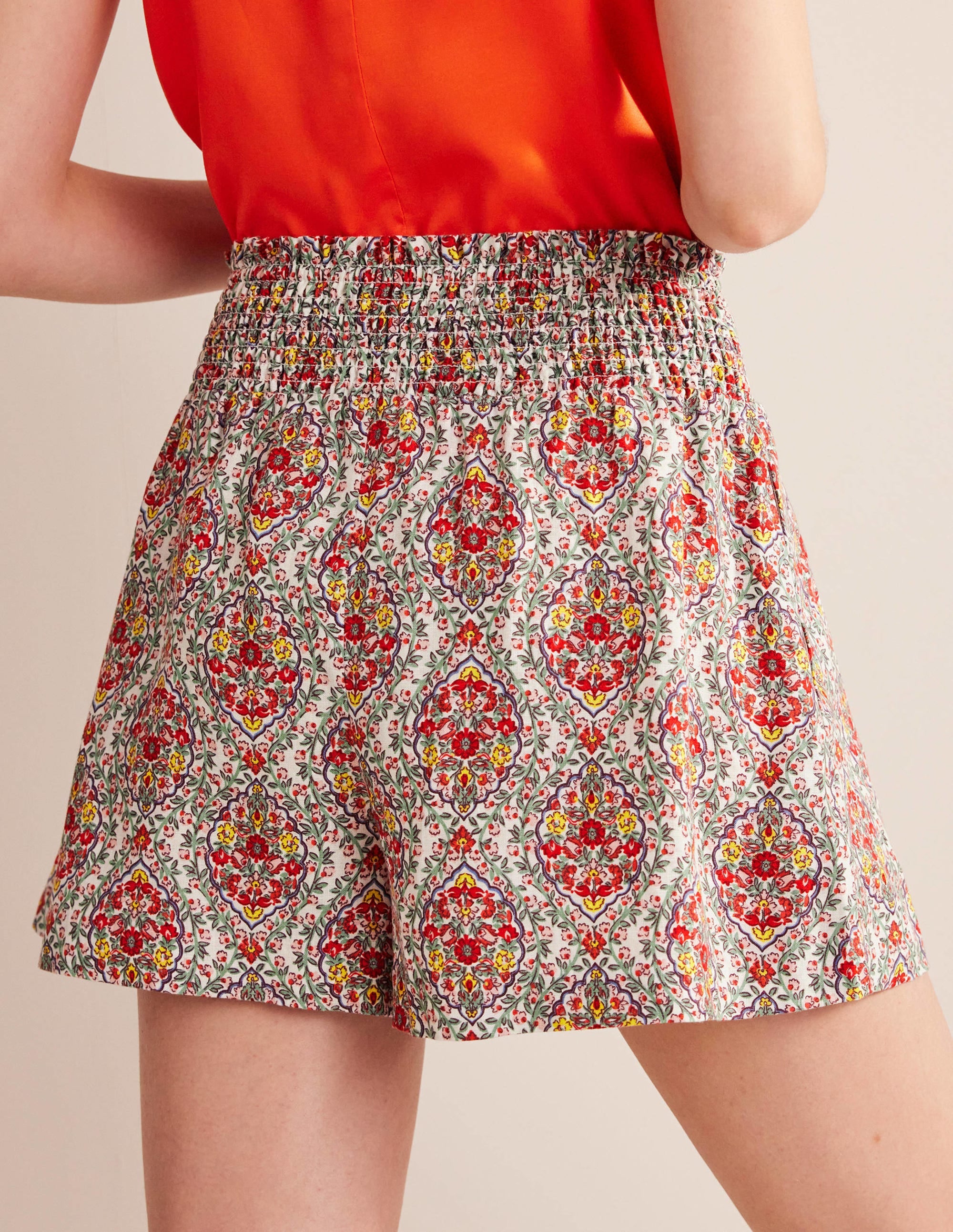 Linen Shirred Waist Shorts-Multi, Vine Terrace - Image 3