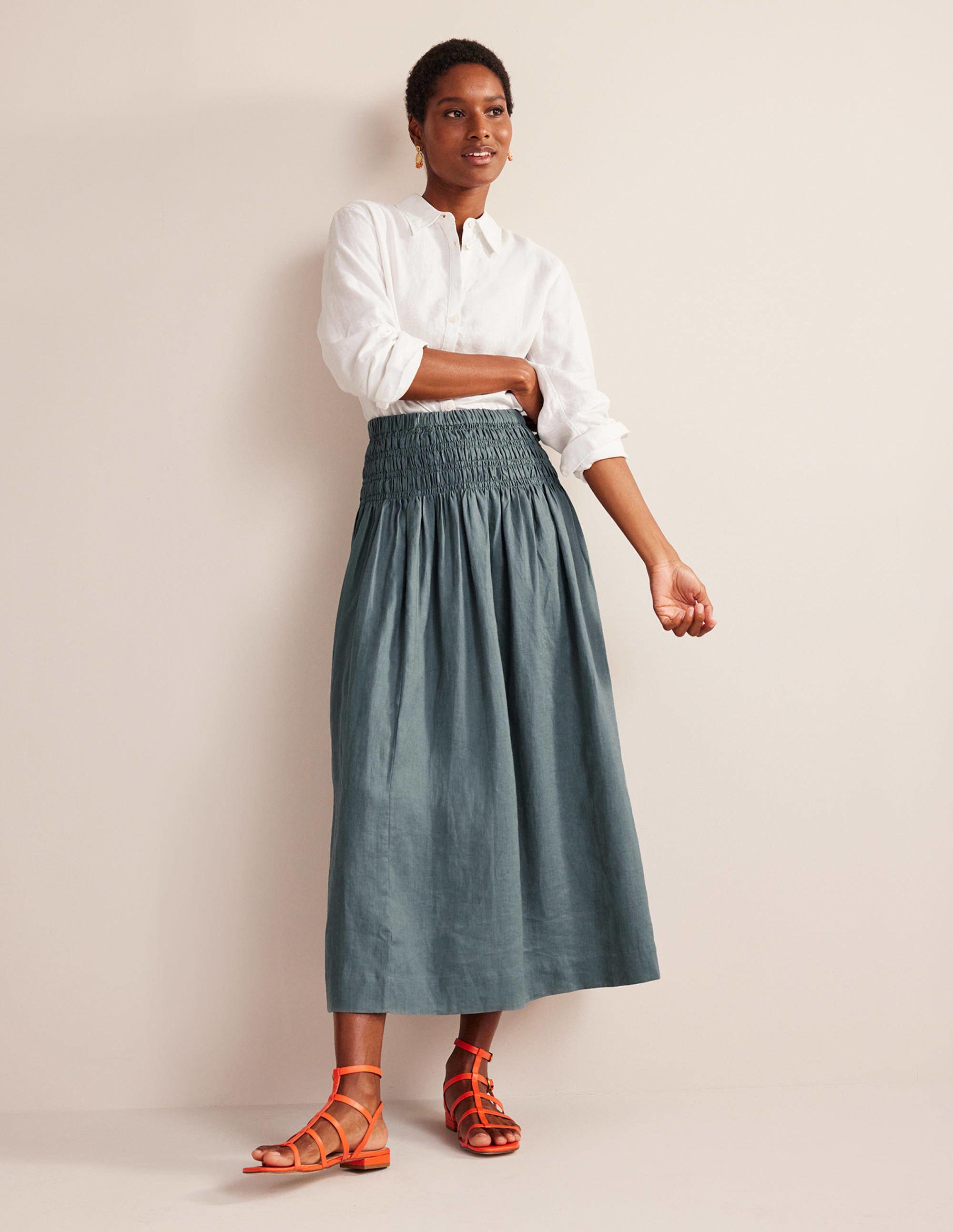 Shirred Waist Linen Midi Skirt-Deep Sea - Image 1