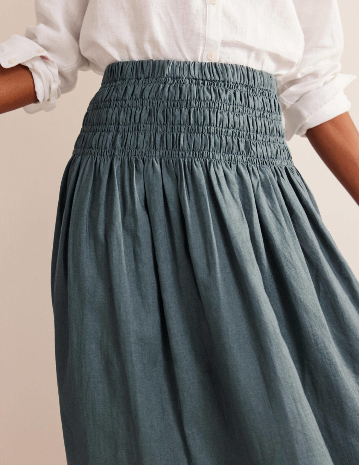 Shirred Waist Linen Midi Skirt-Deep Sea-2