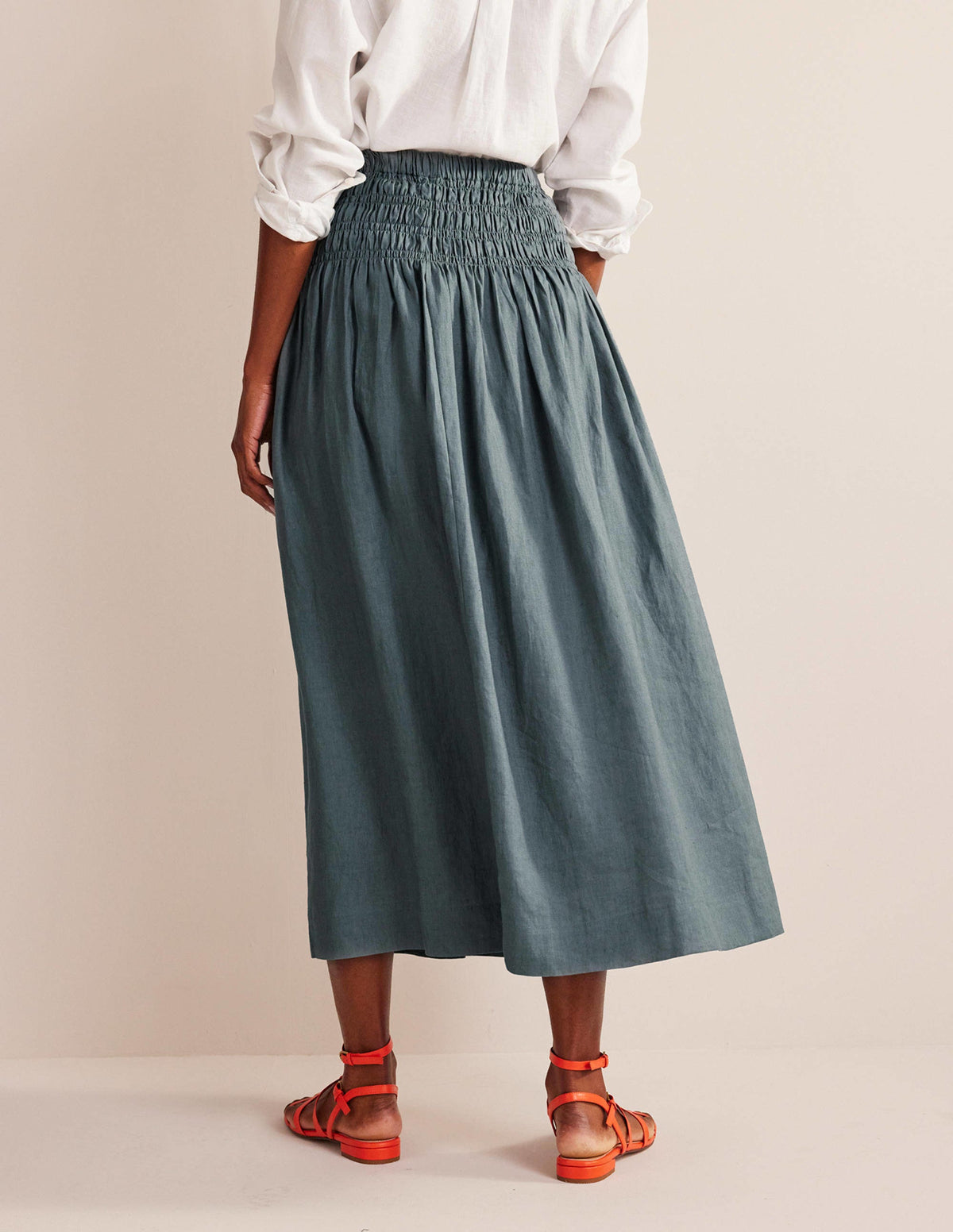 Shirred Waist Linen Midi Skirt-Deep Sea-3
