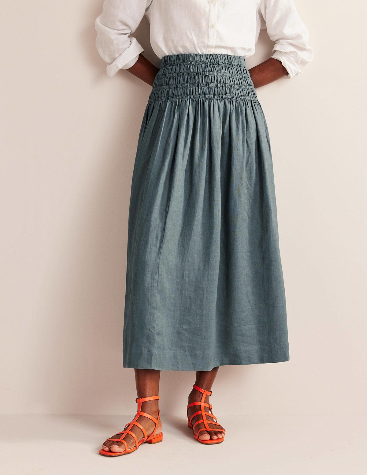 Shirred Waist Linen Midi Skirt-Deep Sea - Image 4