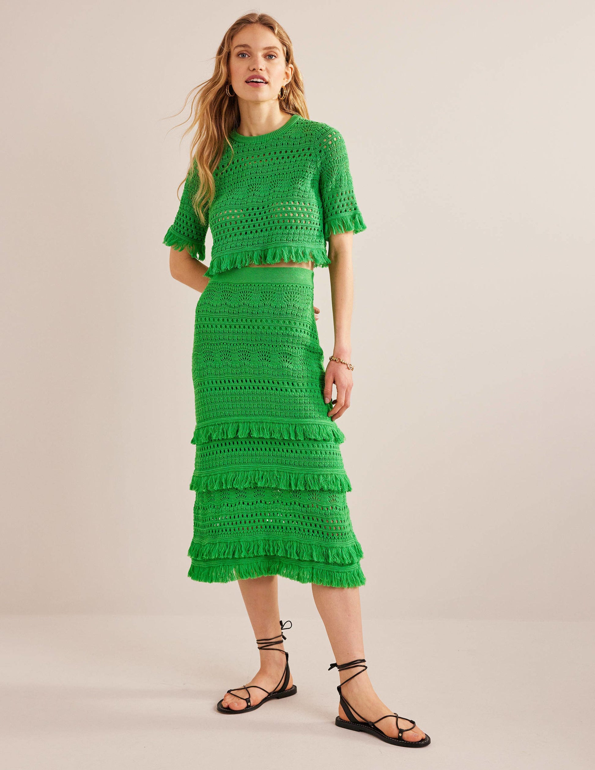 Fringe Crochet Knitted Skirt-Bright Green-1