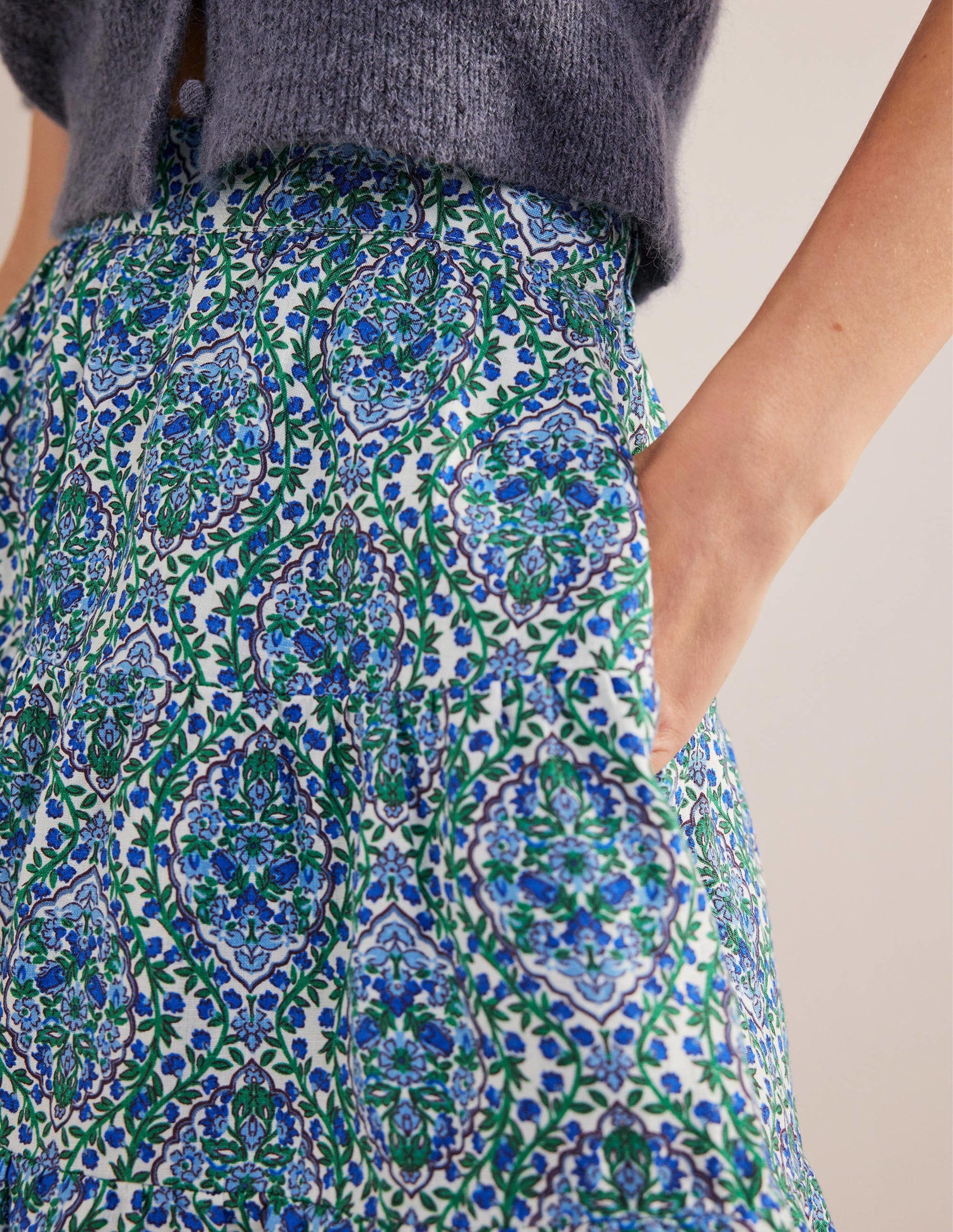 Pull On Tiered Linen Skirt-Green, Opulent Vine-2
