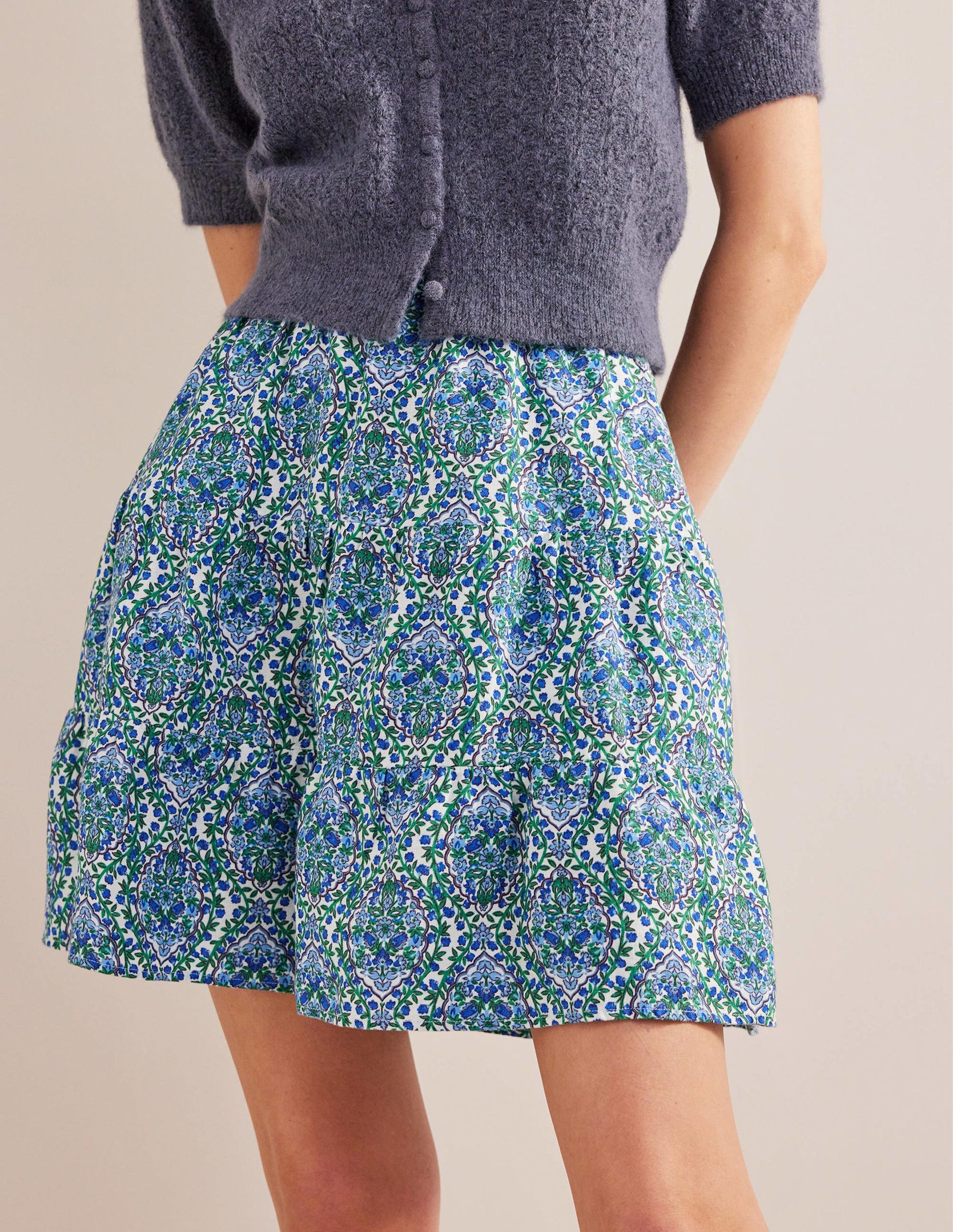 Pull On Tiered Linen Skirt-Green, Opulent Vine-4