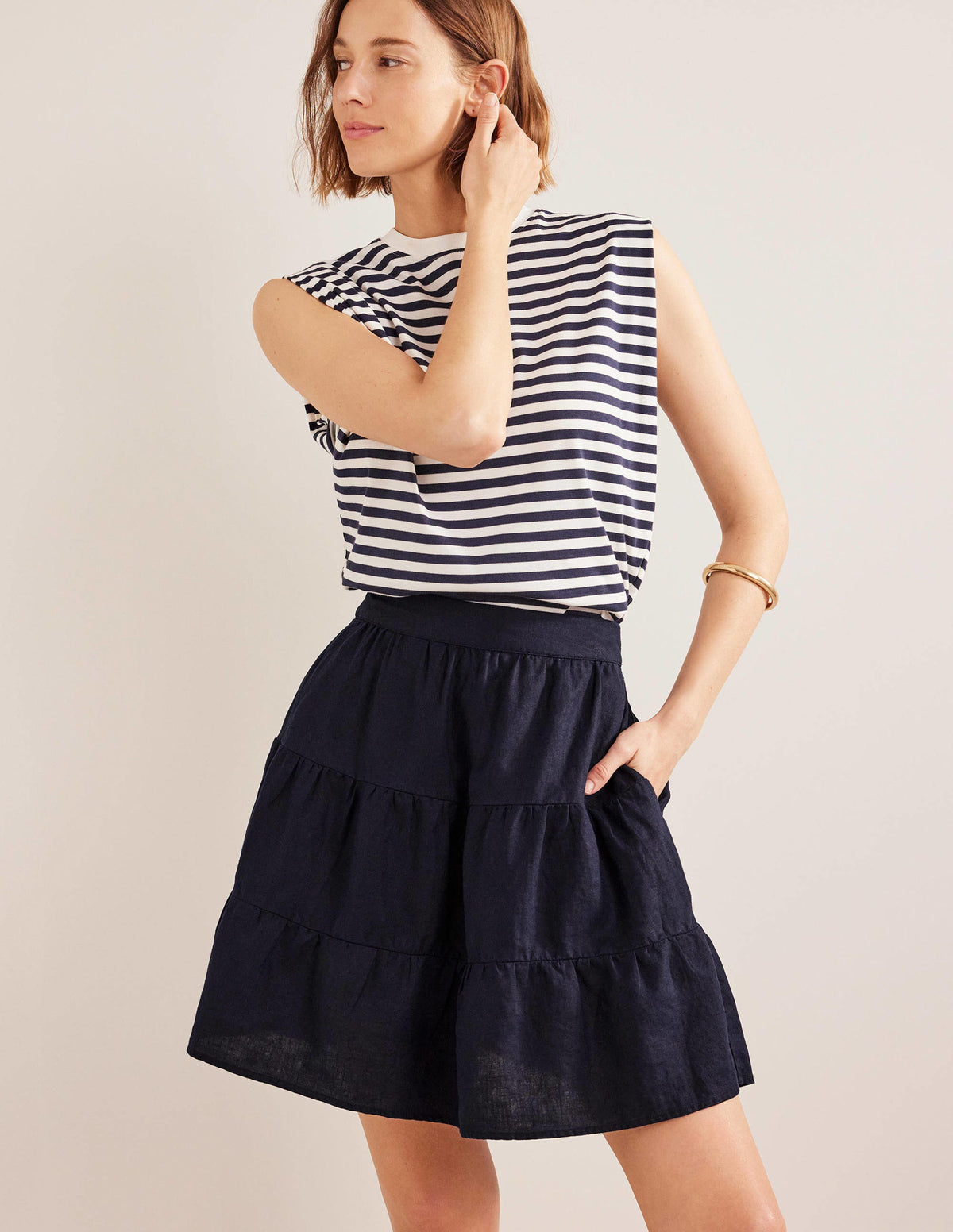 Pull On Tiered Linen Skirt-Navy-1