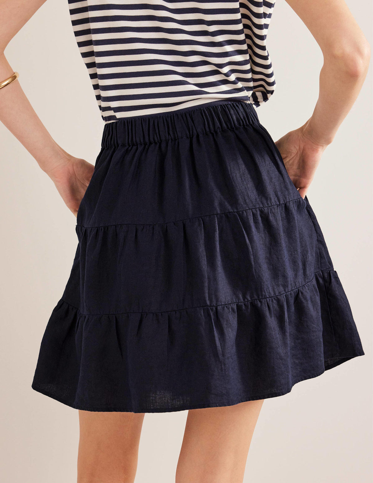 Pull On Tiered Linen Skirt-Navy - Image 3