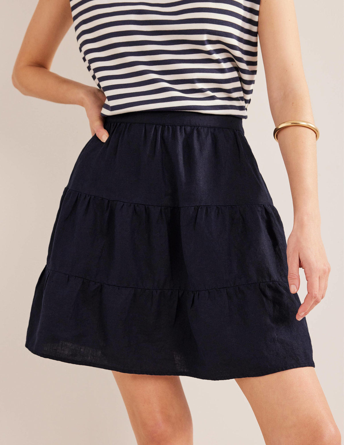 Pull On Tiered Linen Skirt-Navy - Image 4