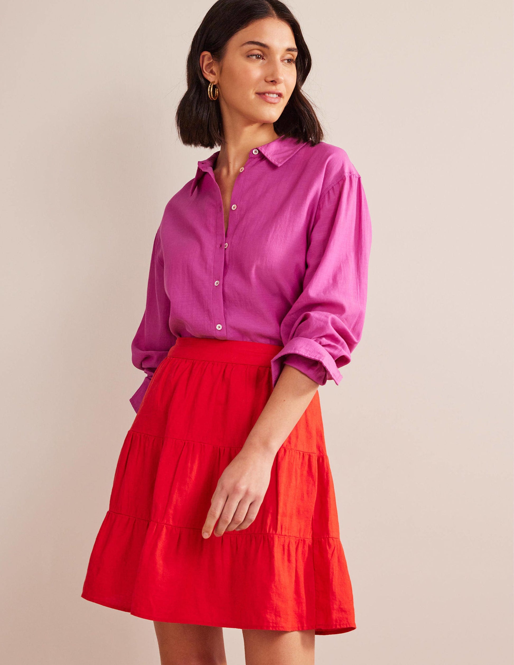 Pull On Tiered Linen Skirt-Vermillion Red-1