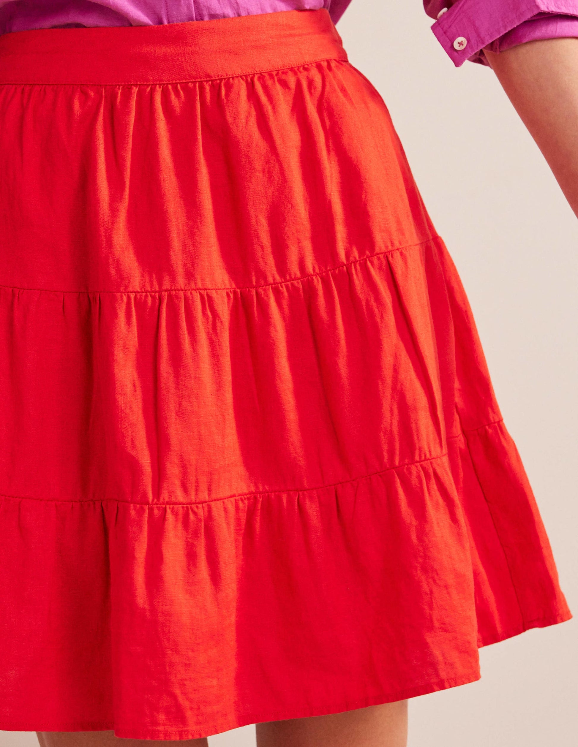 Pull On Tiered Linen Skirt-Vermillion Red-2