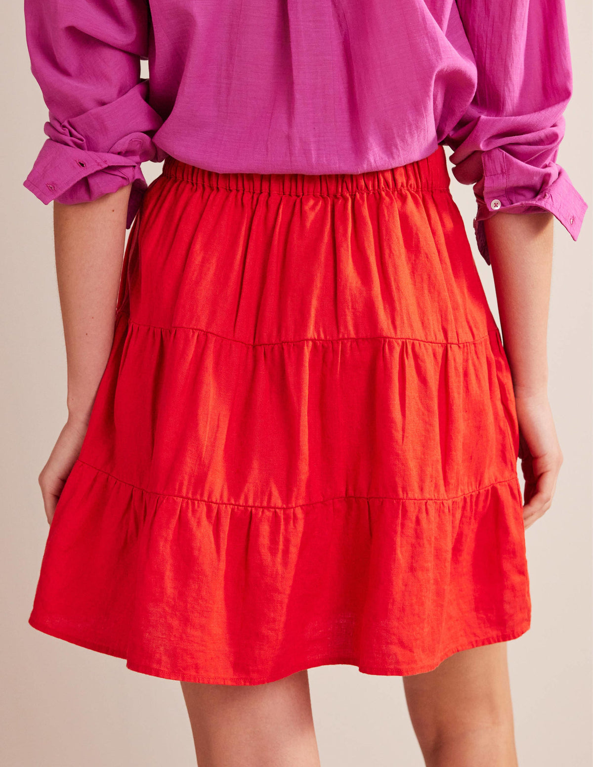 Pull On Tiered Linen Skirt-Vermillion Red - Image 3
