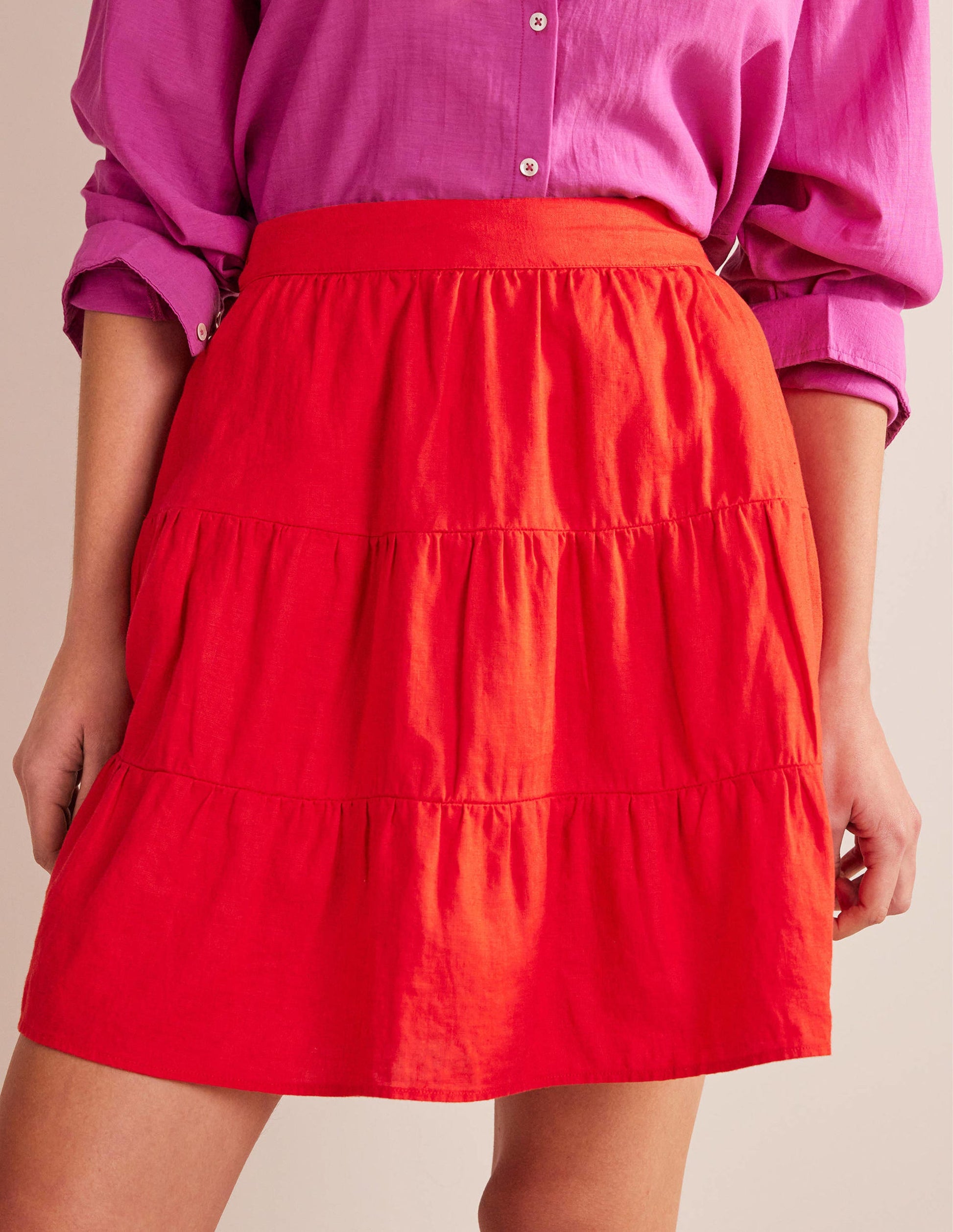 Pull On Tiered Linen Skirt-Vermillion Red-4