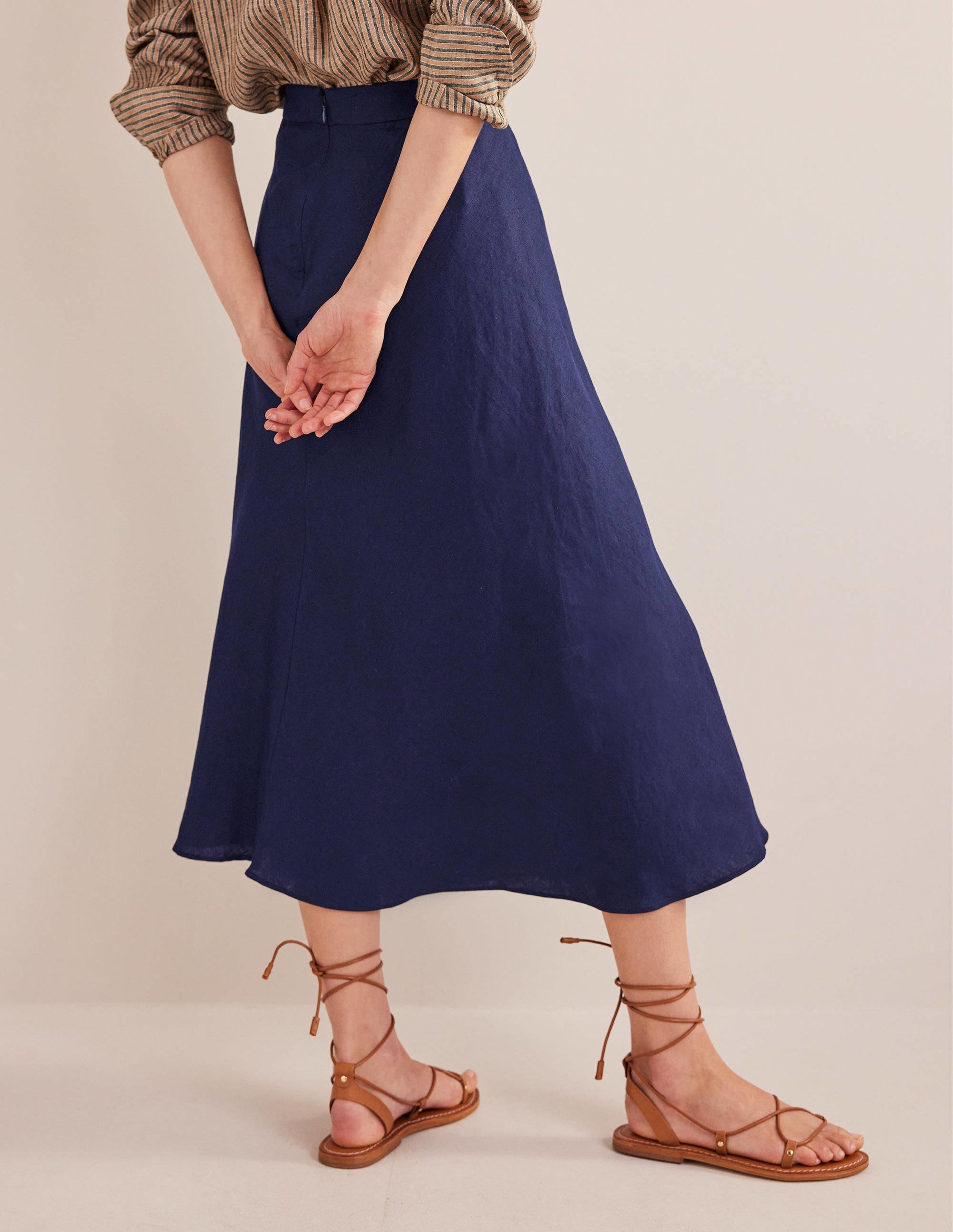 Bias Linen Midi Skirt-Navy - Image 3