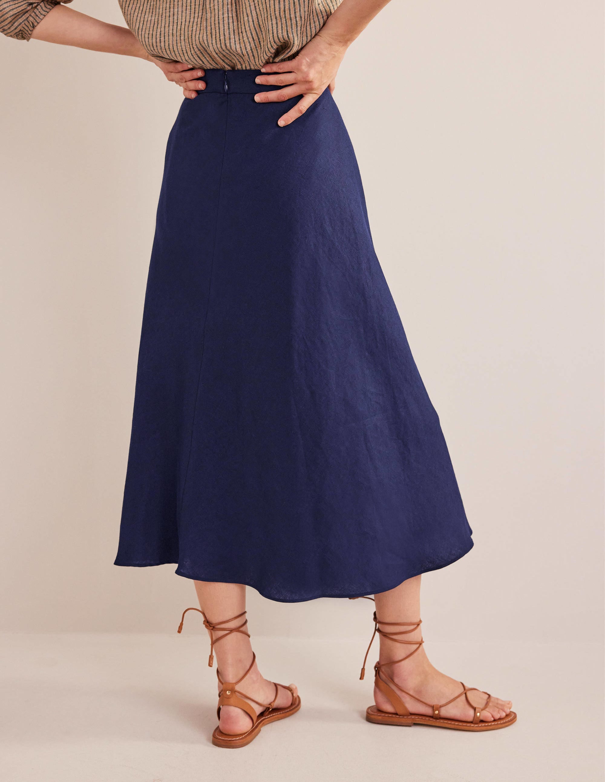 Bias Linen Midi Skirt-Navy - Image 4