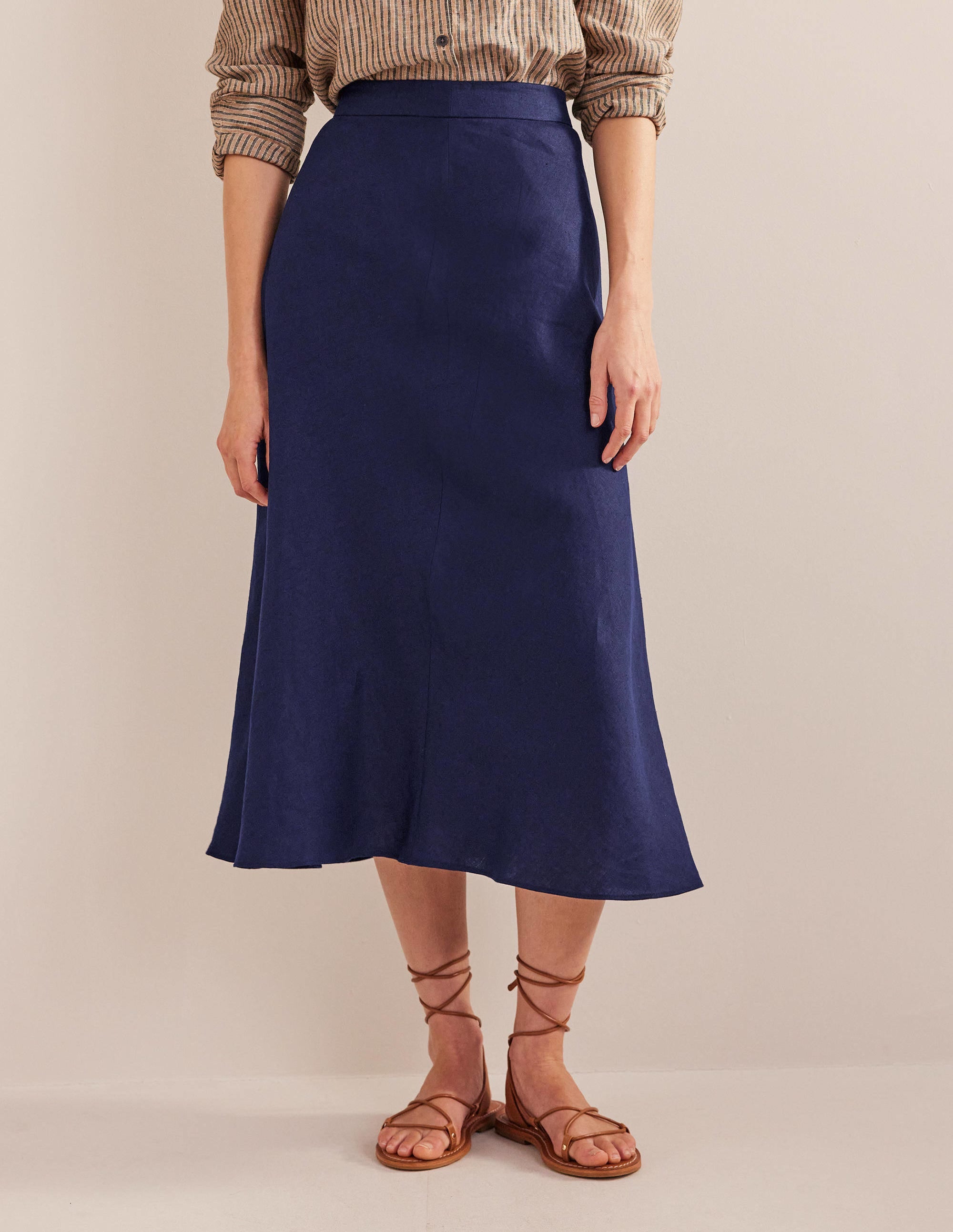Bias Linen Midi Skirt-Navy - Image 5