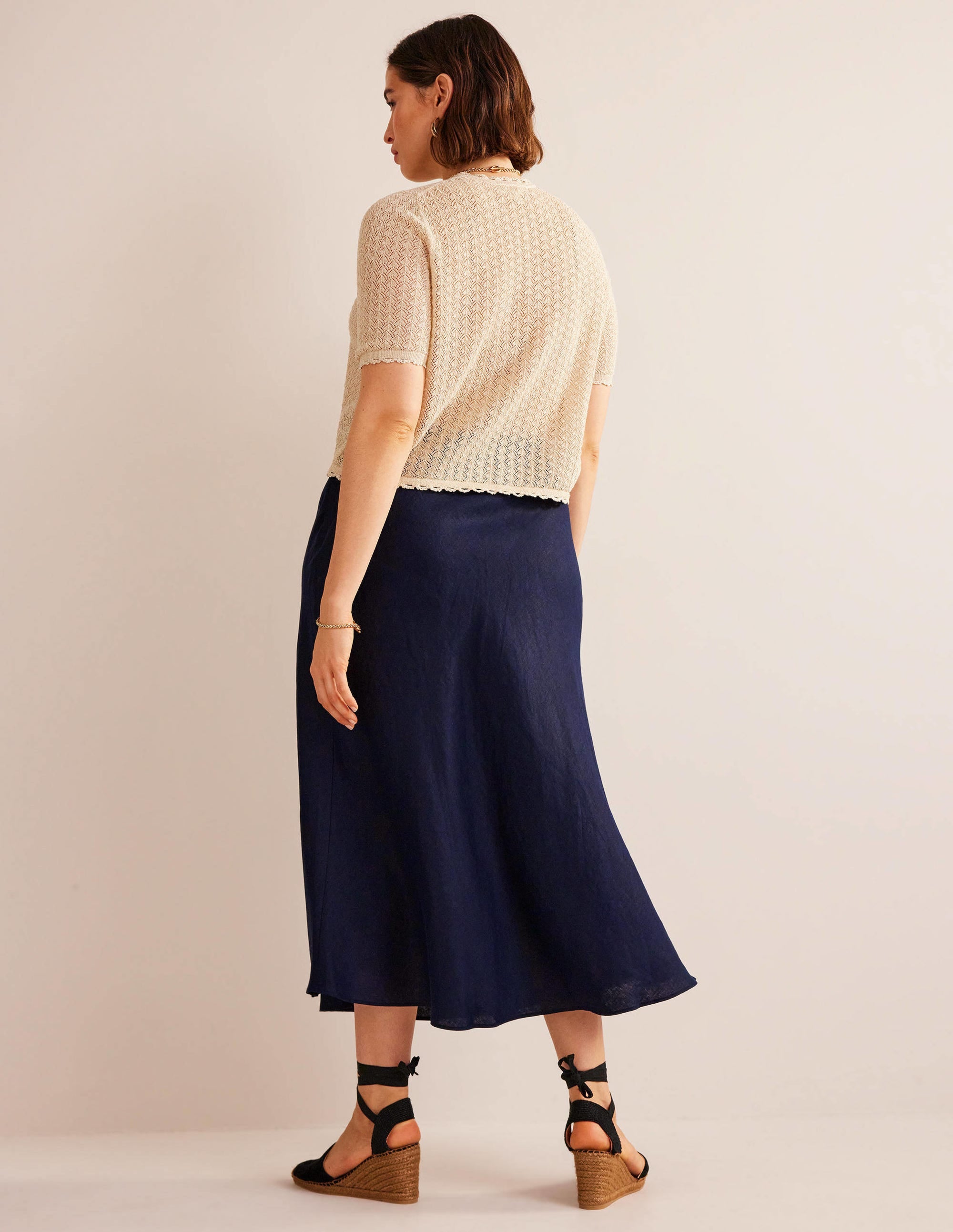 Bias Linen Midi Skirt-Navy - Image 7