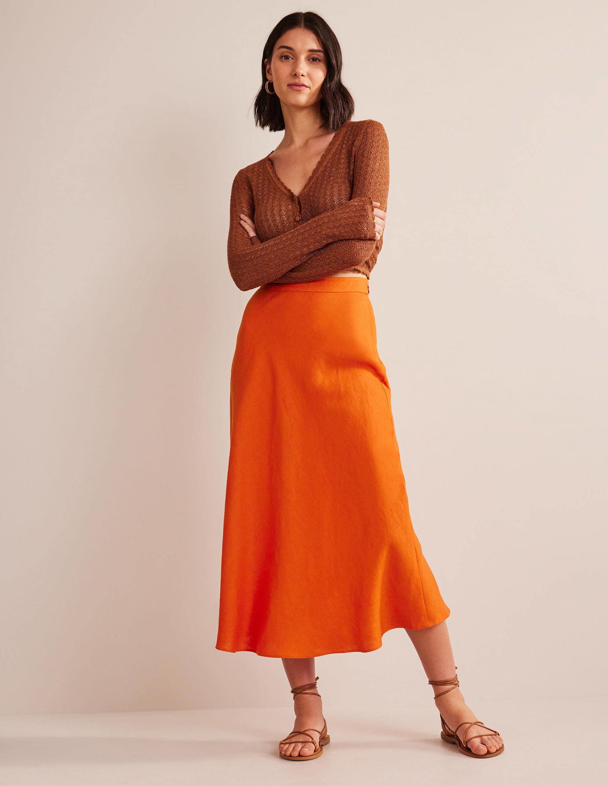 Bias Linen Midi Skirt-KUMQUAT-1