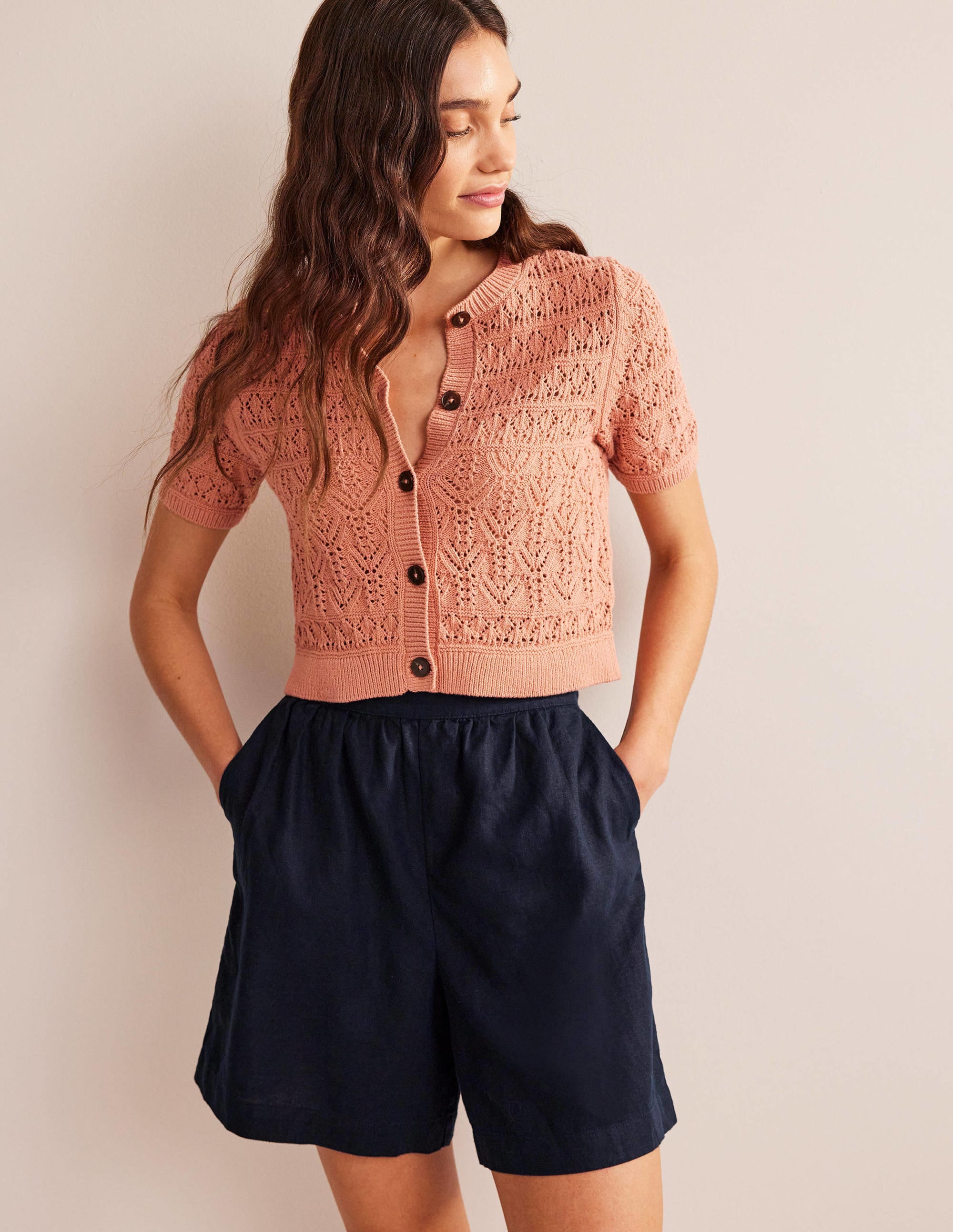 Pull-on Linen Shorts-Navy - Image 1
