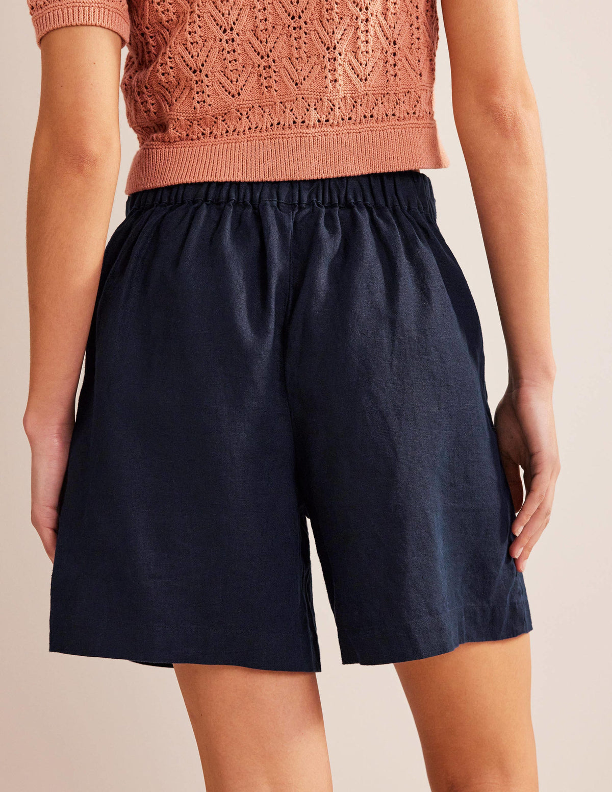 Pull-on Linen Shorts-Navy - Image 3