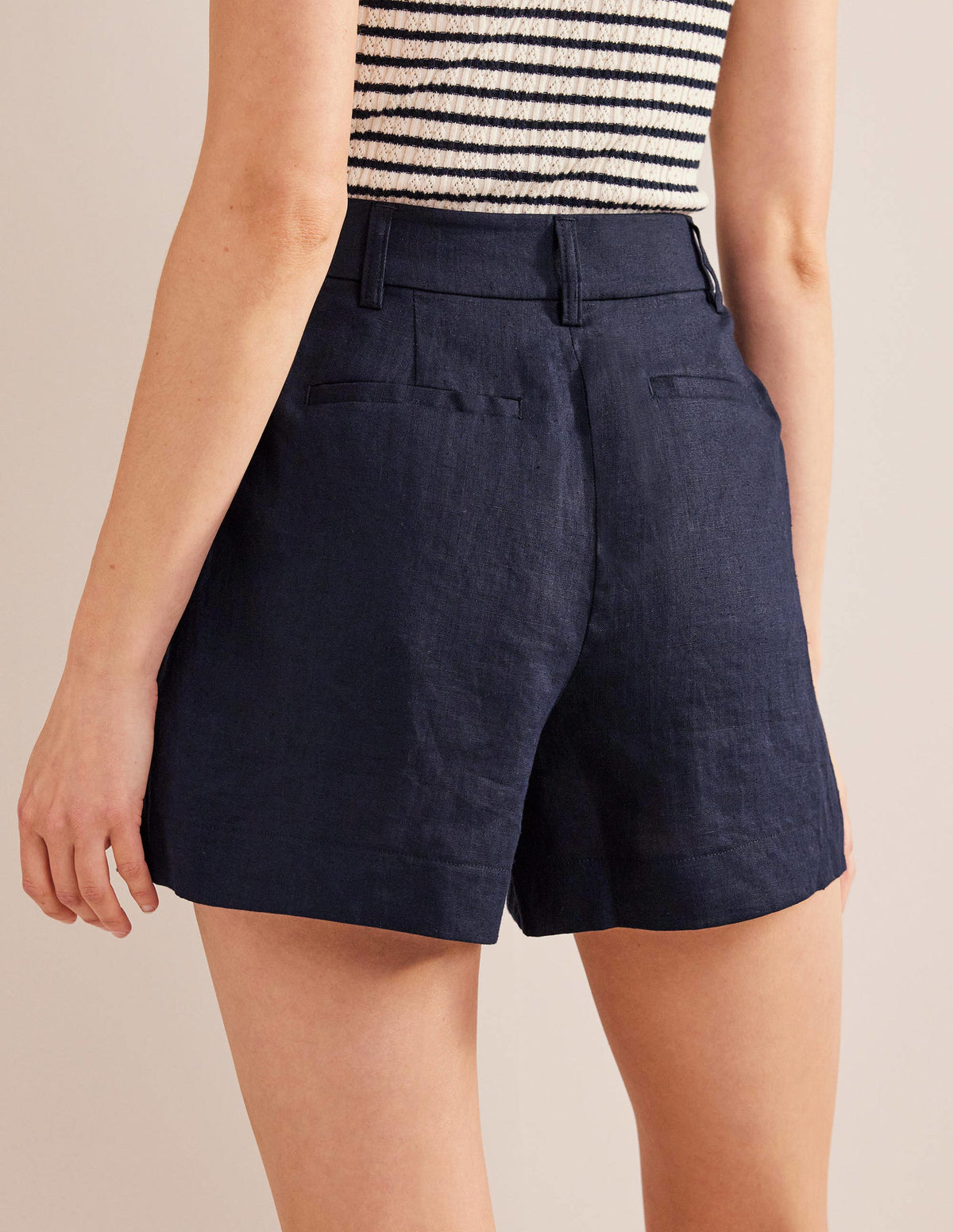 Tailored Linen Shorts-Navy-3