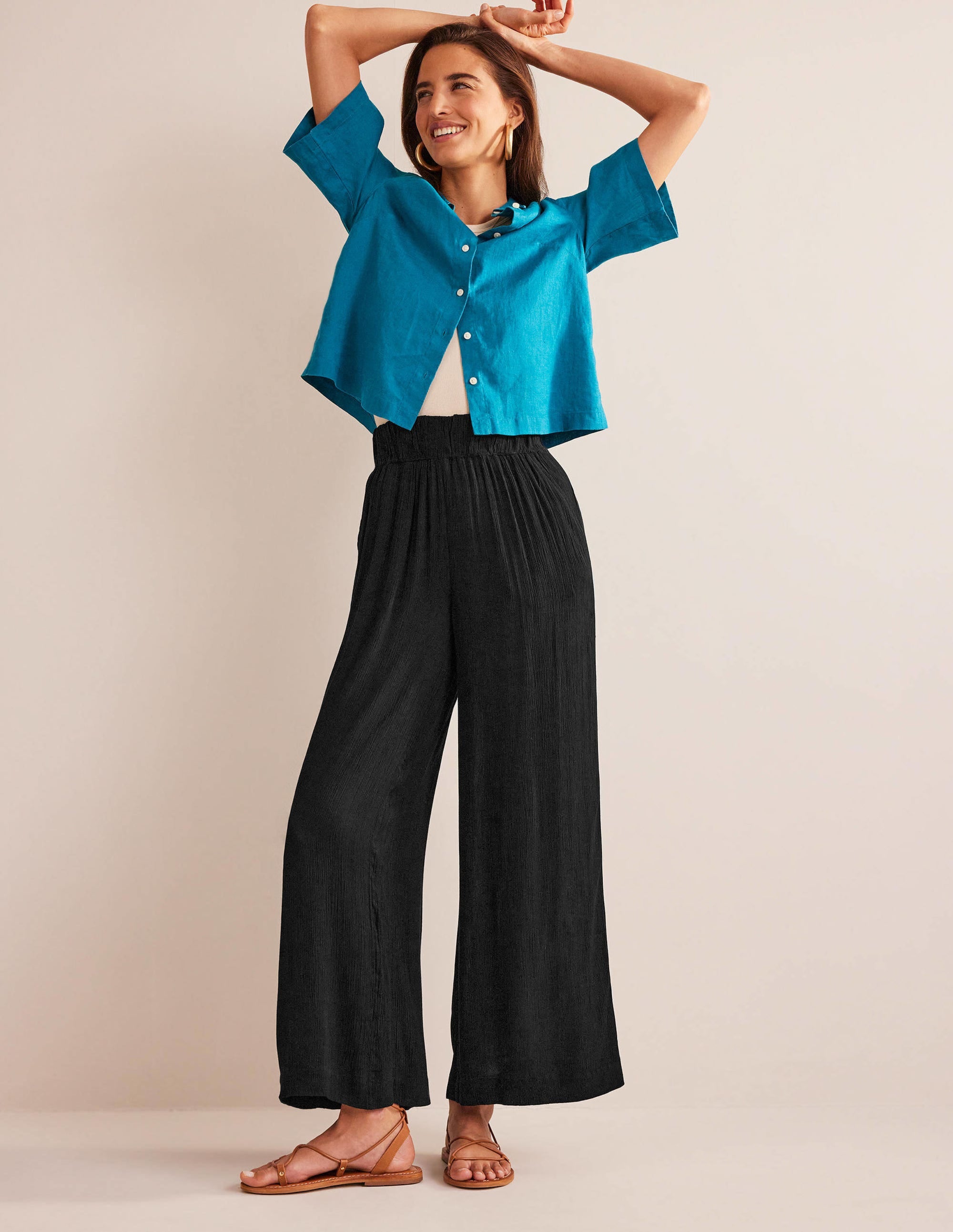Crinkle Wide Leg Trousers-Black - Image 1