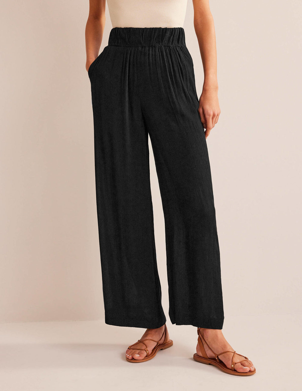 Crinkle Wide Leg Trousers-Black - Image 4