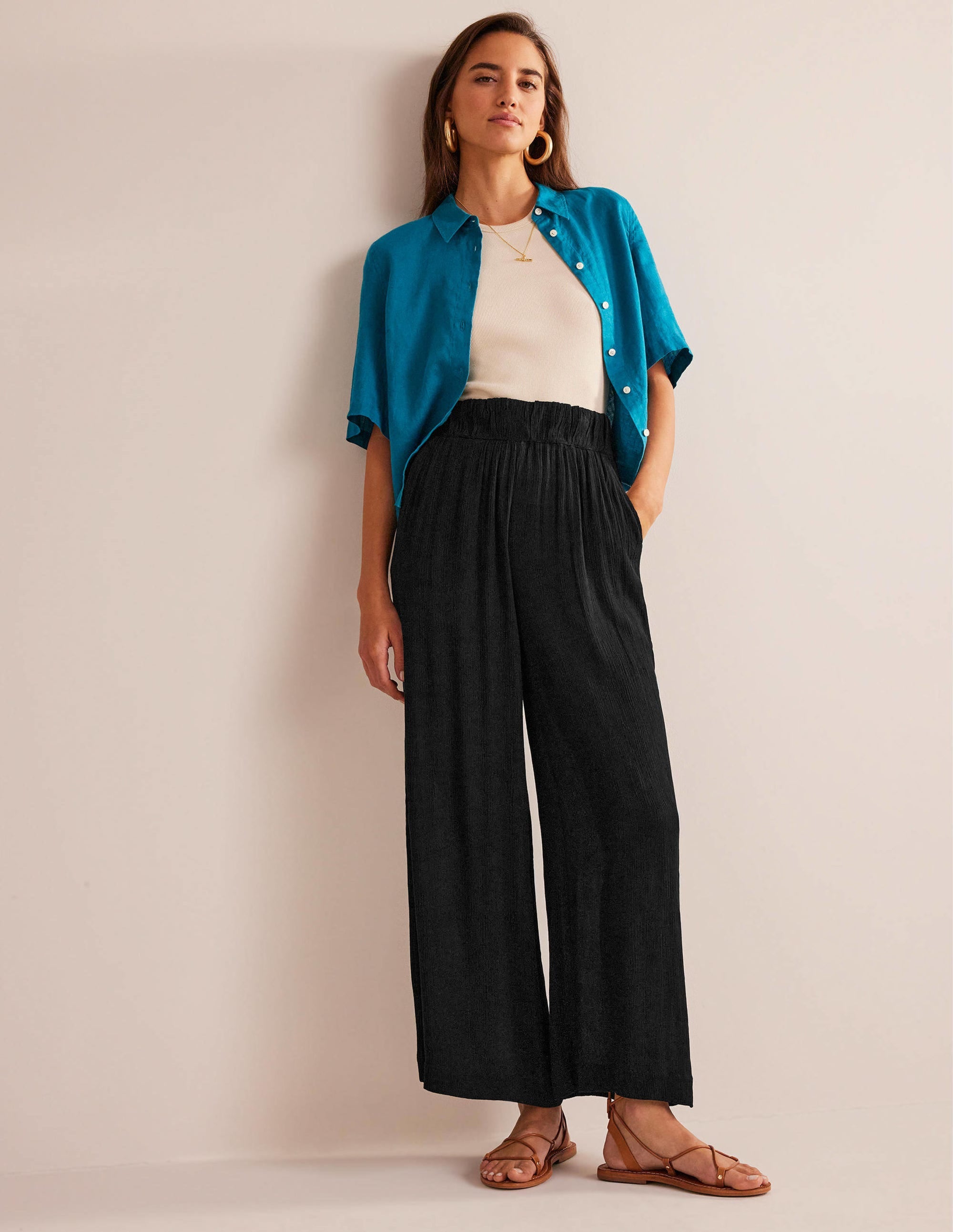 Crinkle Wide Leg Trousers-Black - Image 5