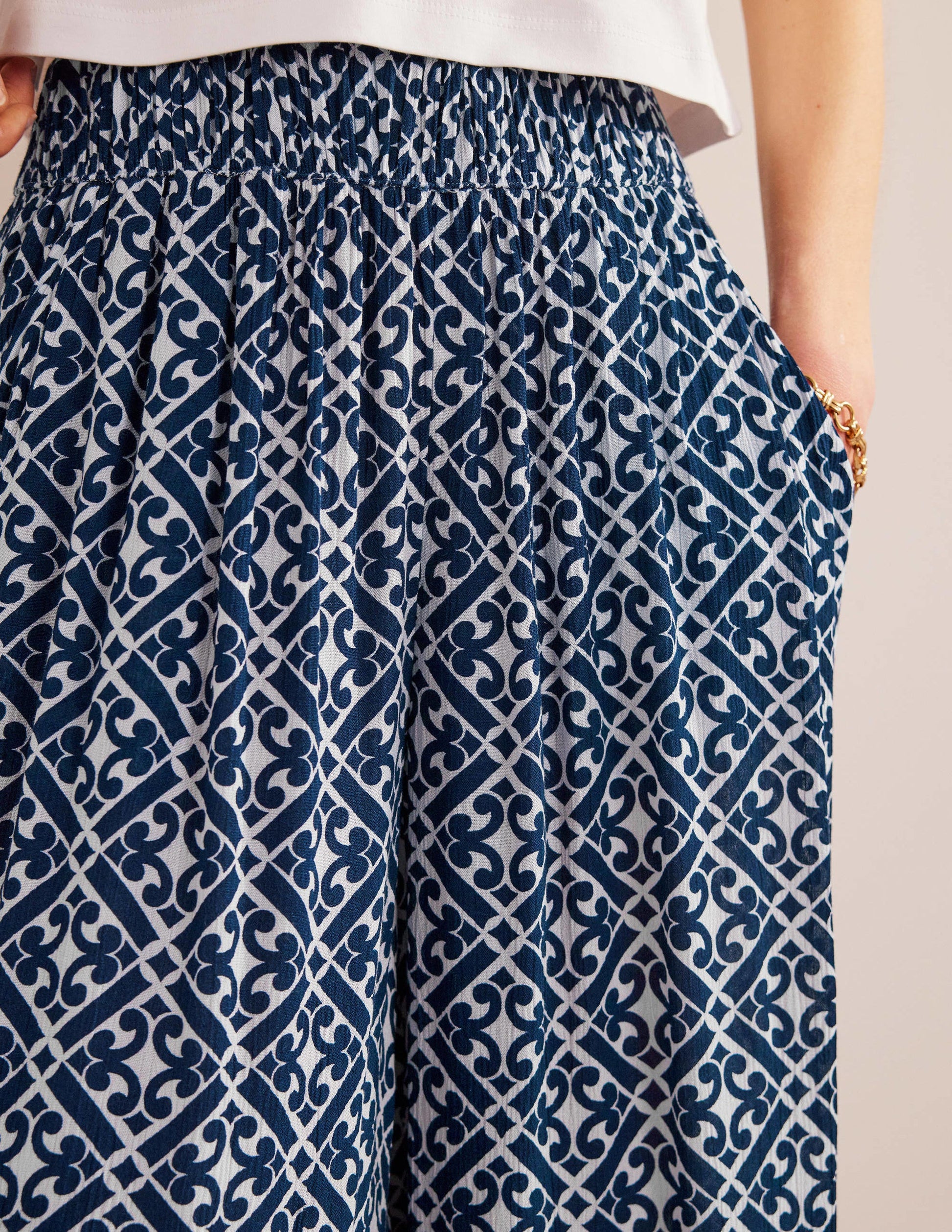 Crinkle Wide Leg Trousers-Prussian Blue, Tranquil Geo-2