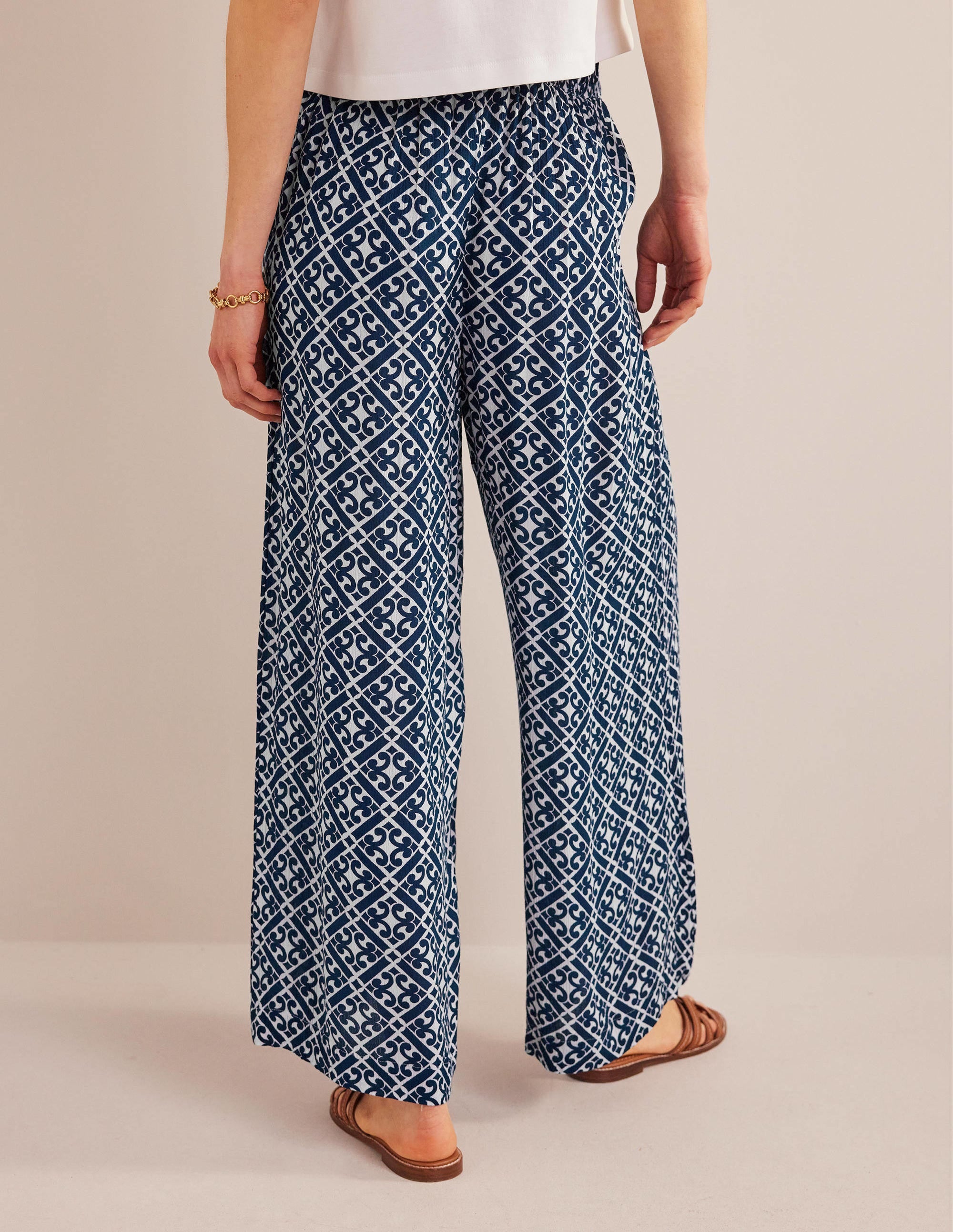 Crinkle Wide Leg Trousers-Prussian Blue, Tranquil Geo - Image 3