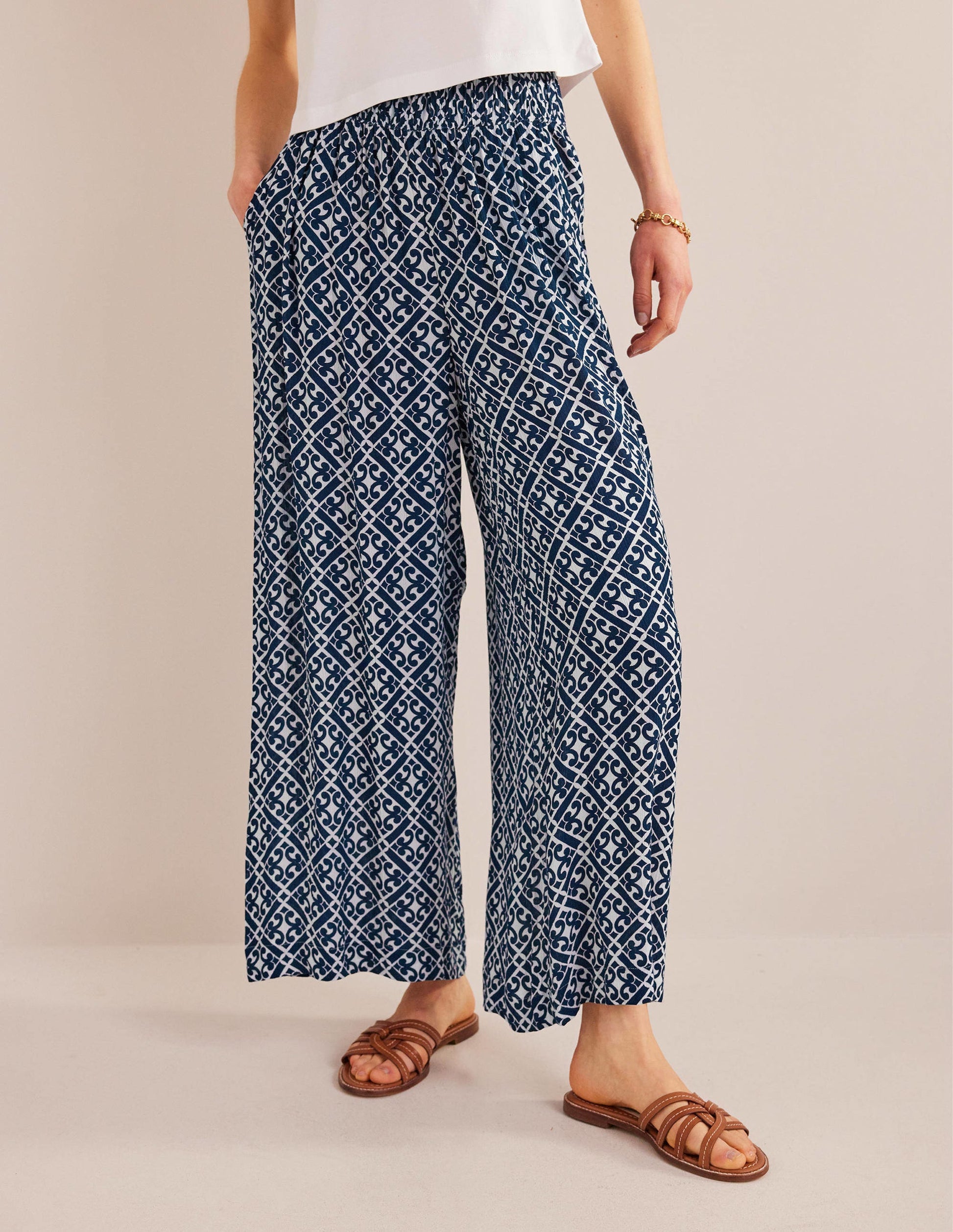 Crinkle Wide Leg Trousers-Prussian Blue, Tranquil Geo-4