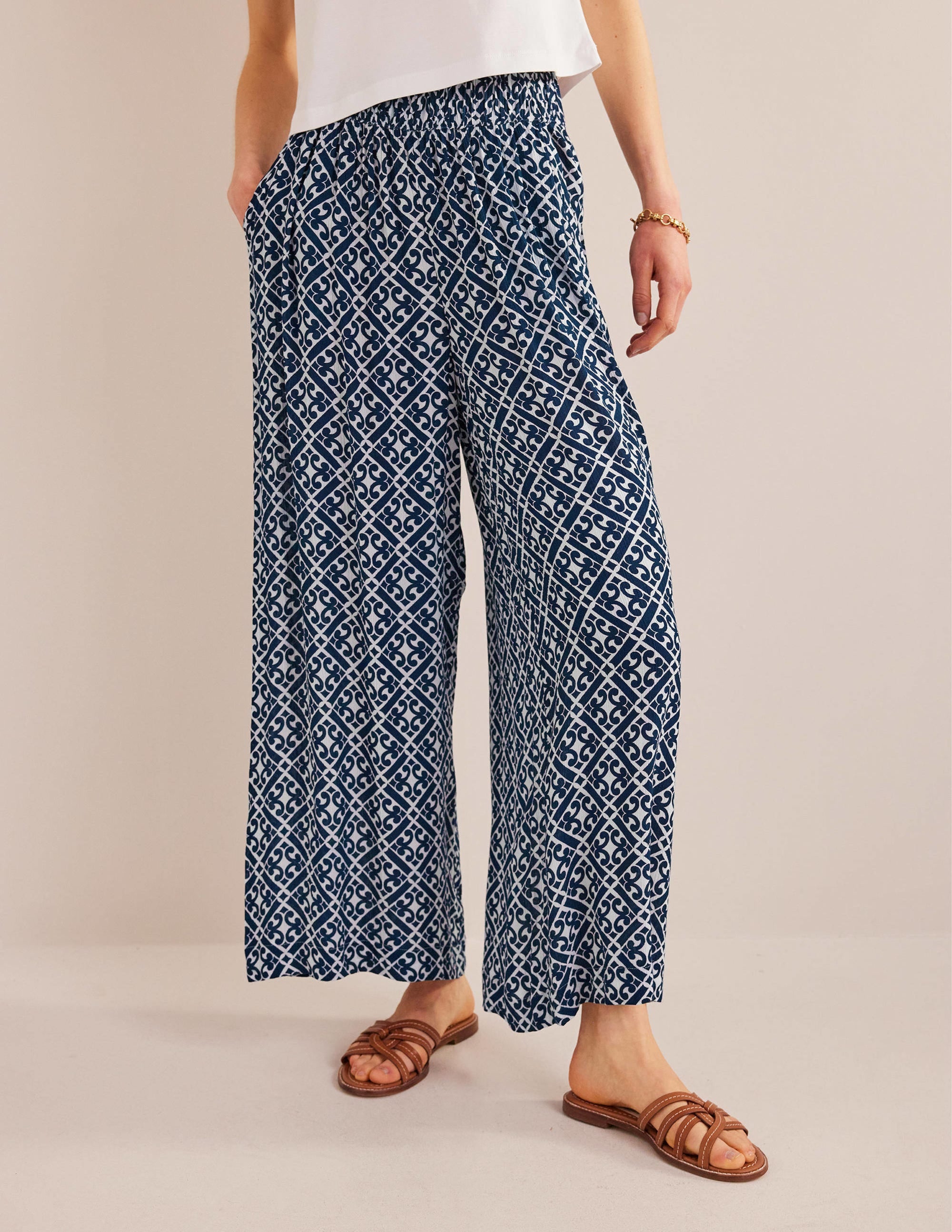Crinkle Wide Leg Trousers-Prussian Blue, Tranquil Geo - Image 4