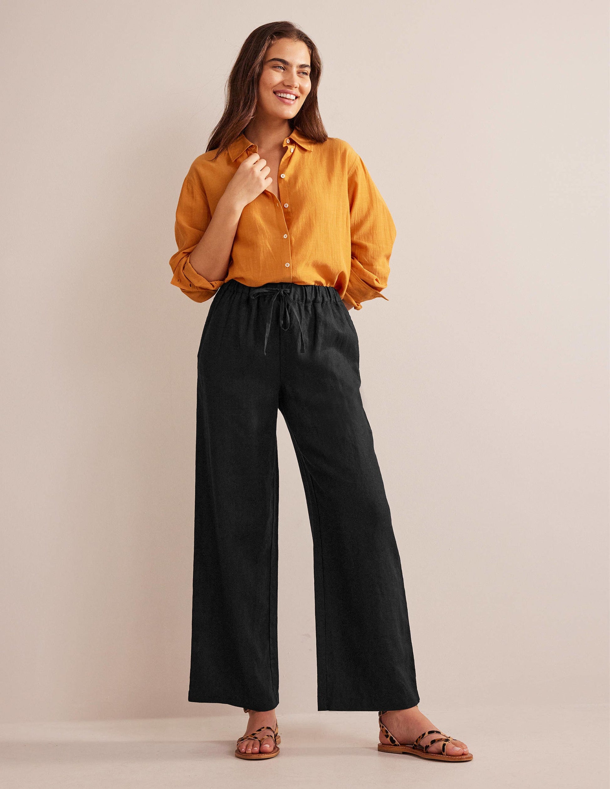 Relaxed Pull-on Linen Trousers-Black-1