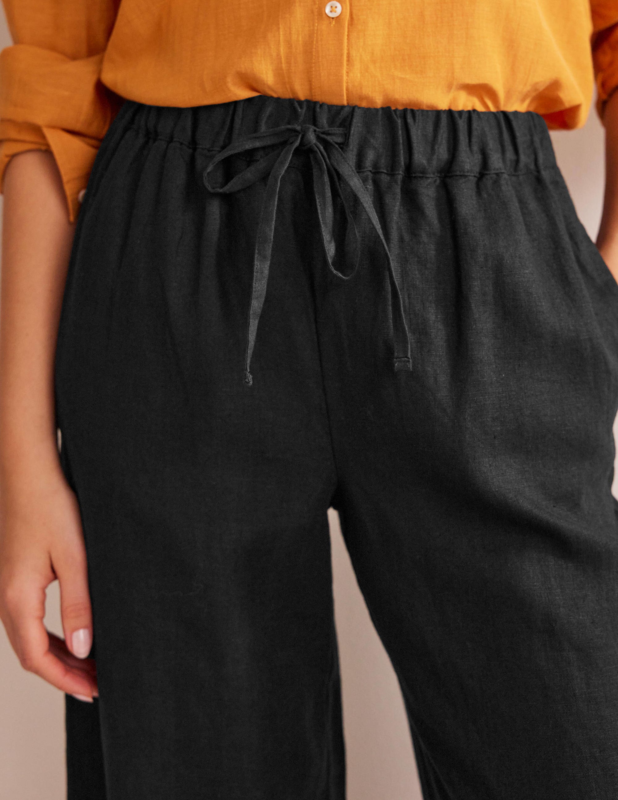 Relaxed Pull-on Linen Trousers-Black - Image 2