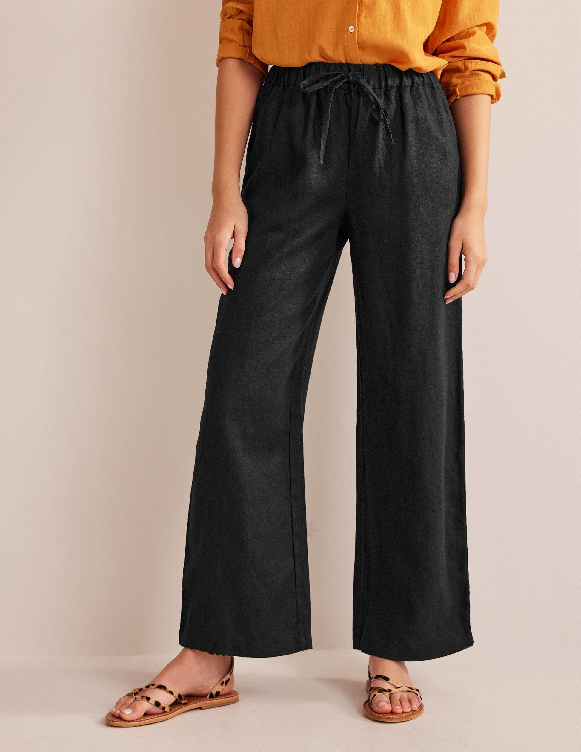 Relaxed Pull-on Linen Trousers-Black-4