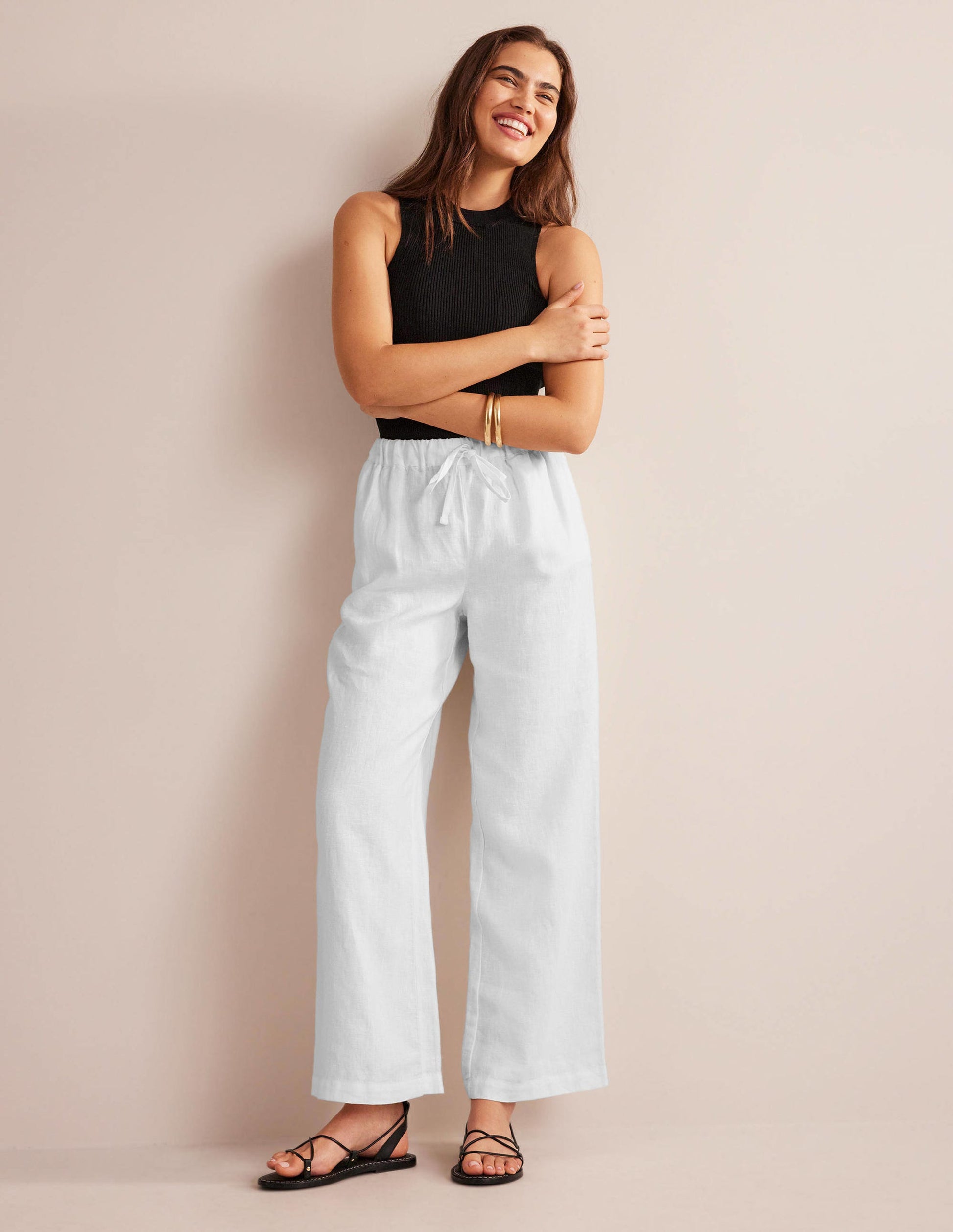 Relaxed Pull-on Linen Trousers-White-1
