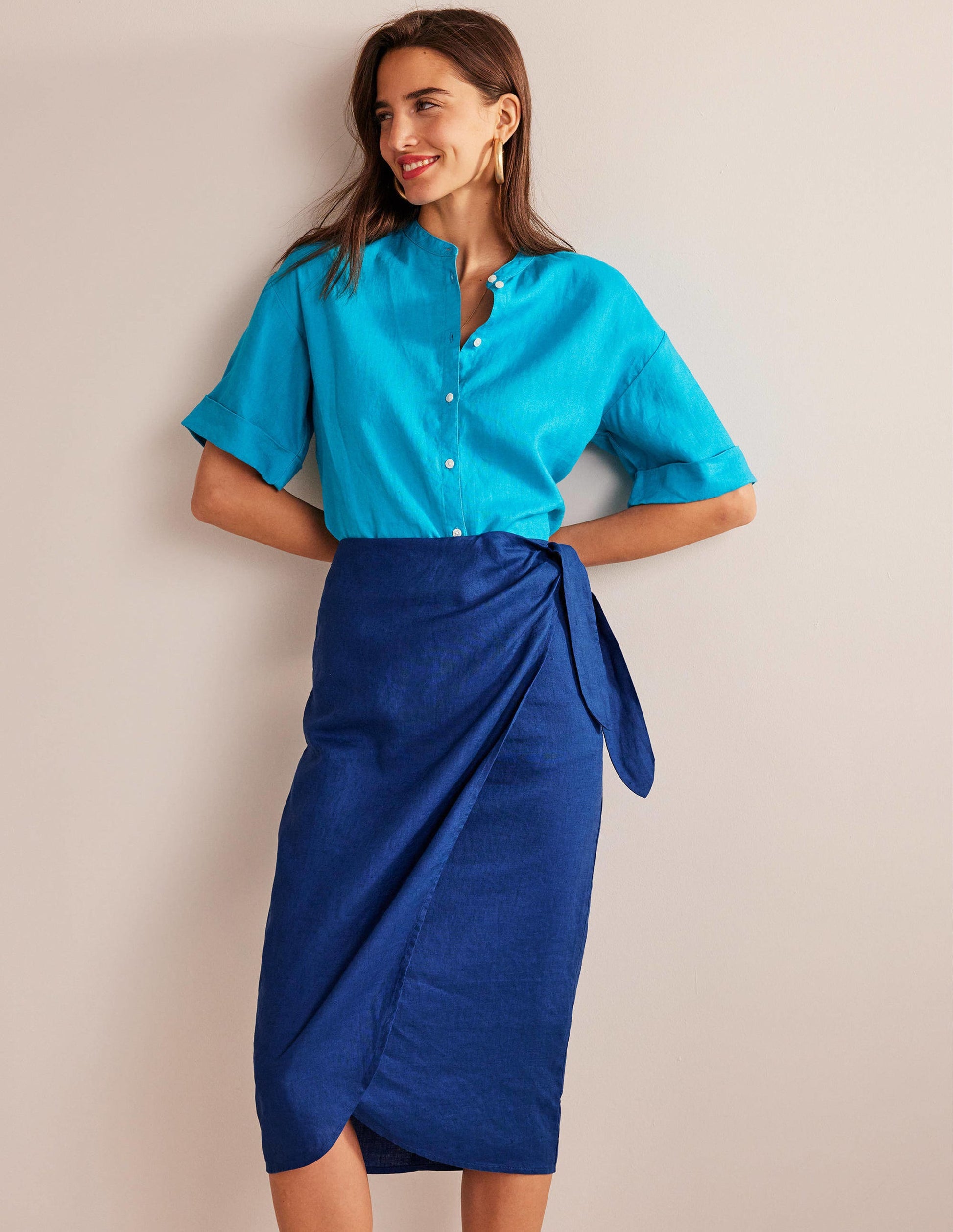Wrap-Front Linen Midi Skirt-Sapphire-1