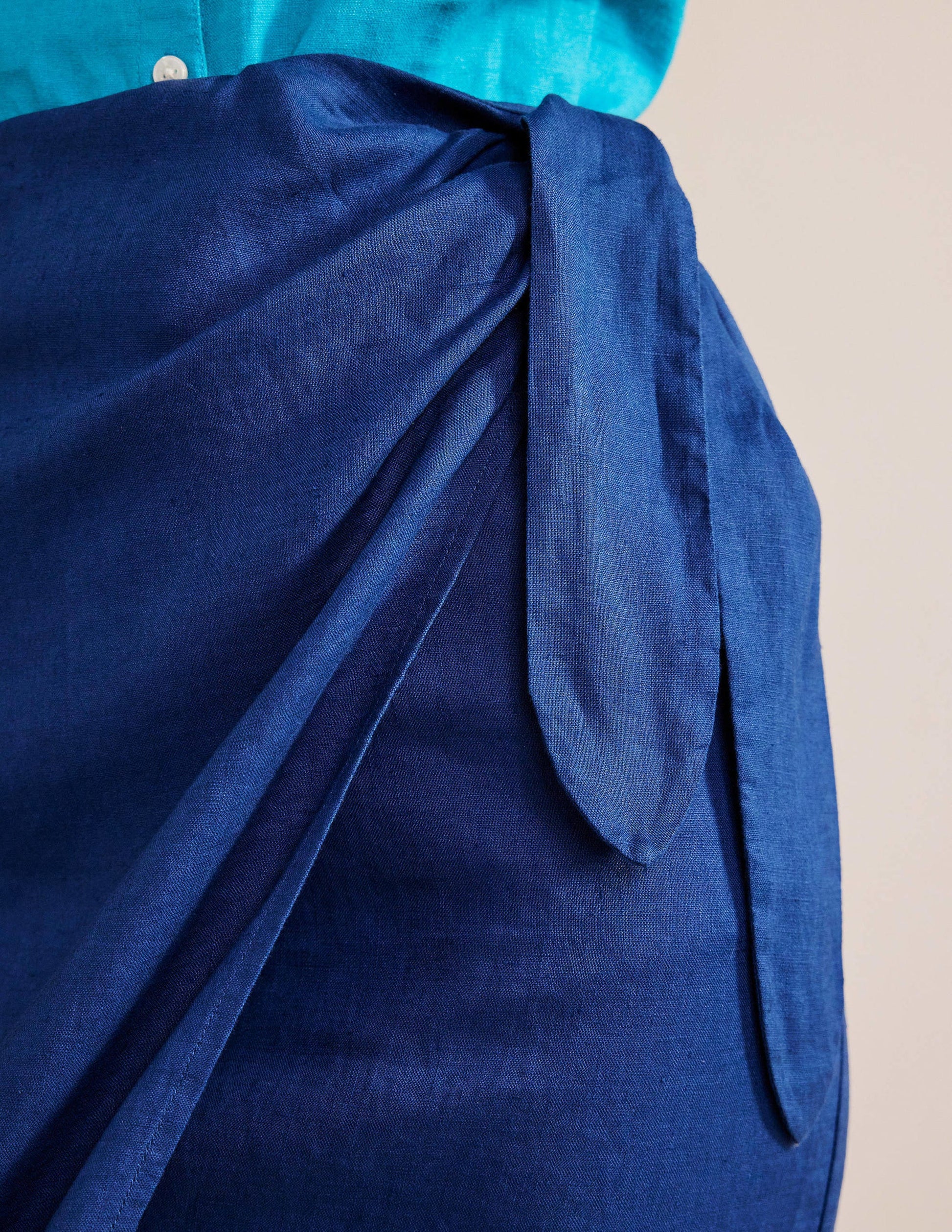 Wrap-Front Linen Midi Skirt-Sapphire-2