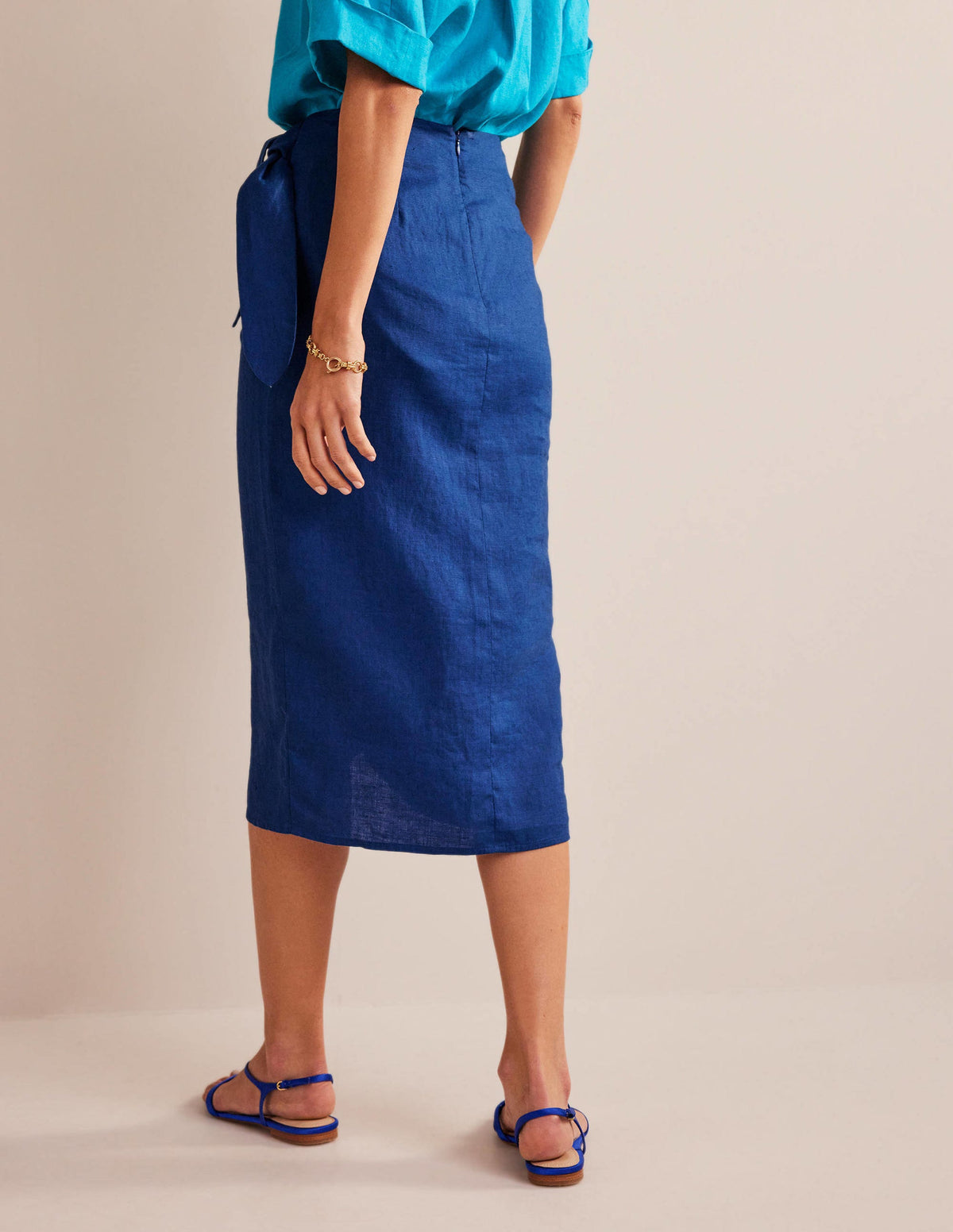Wrap-Front Linen Midi Skirt-Sapphire - Image 3