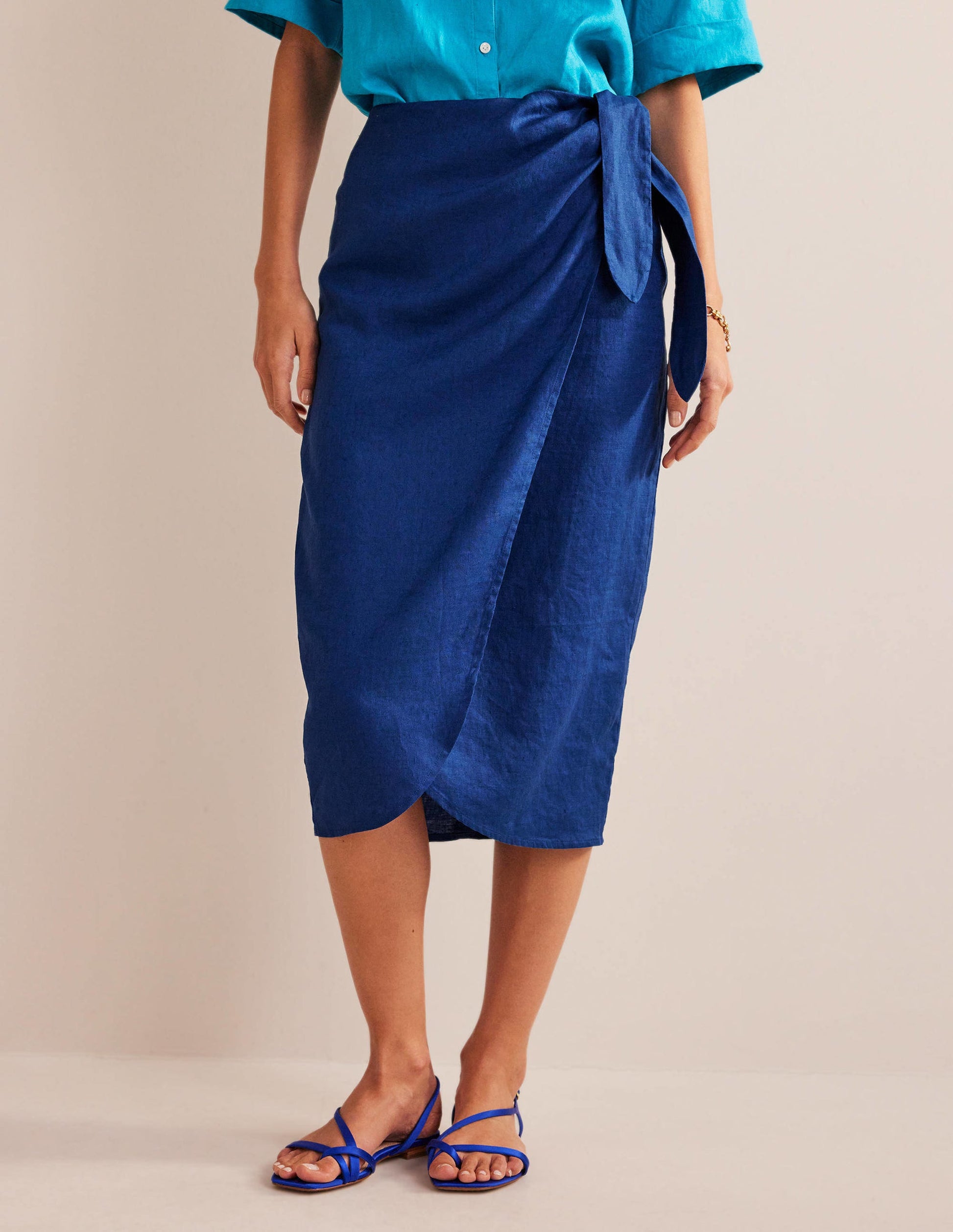 Wrap-Front Linen Midi Skirt-Sapphire-4