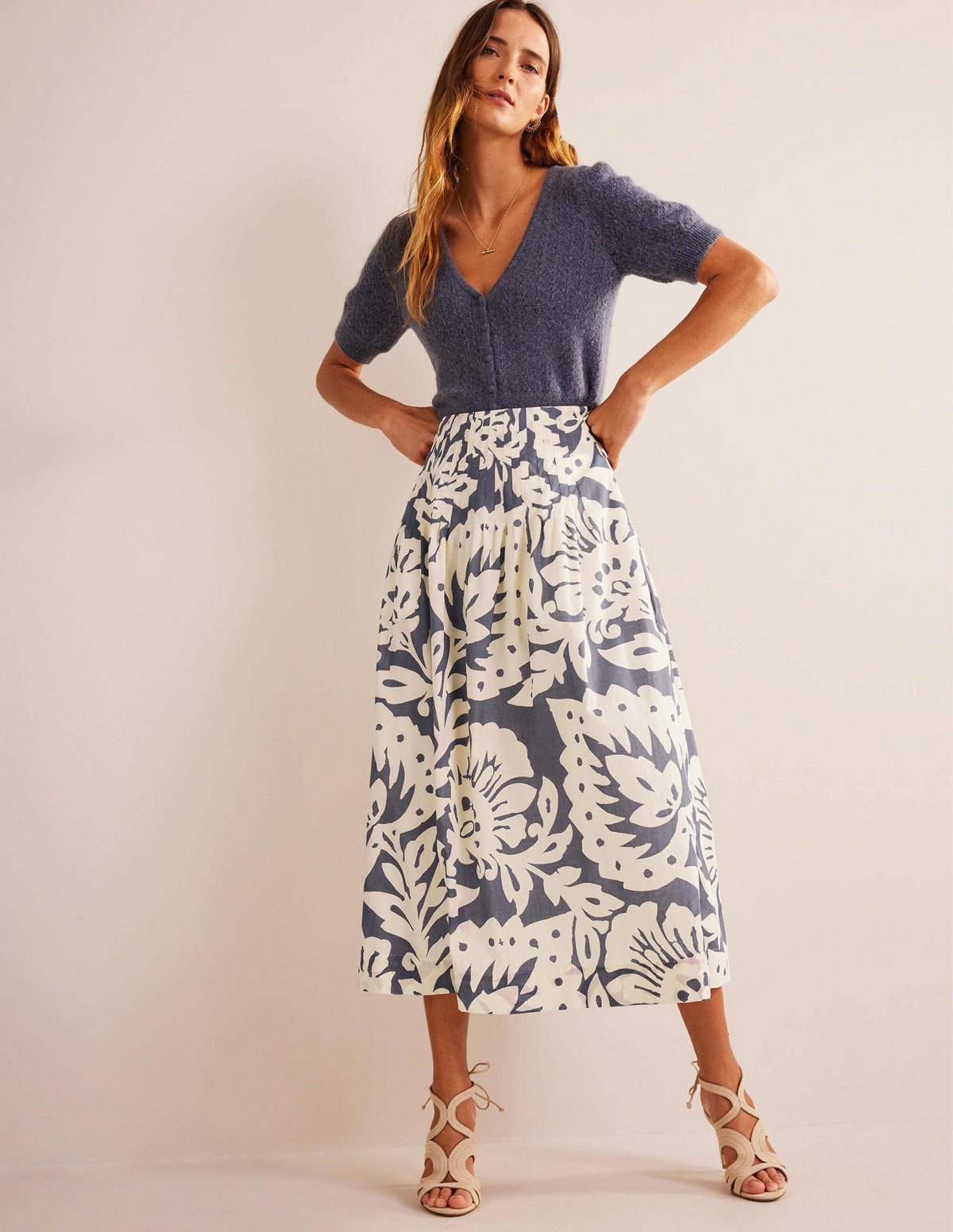 Pleated Cotton Midi Skirt-Sapphire, Oak Terrace - Image 1